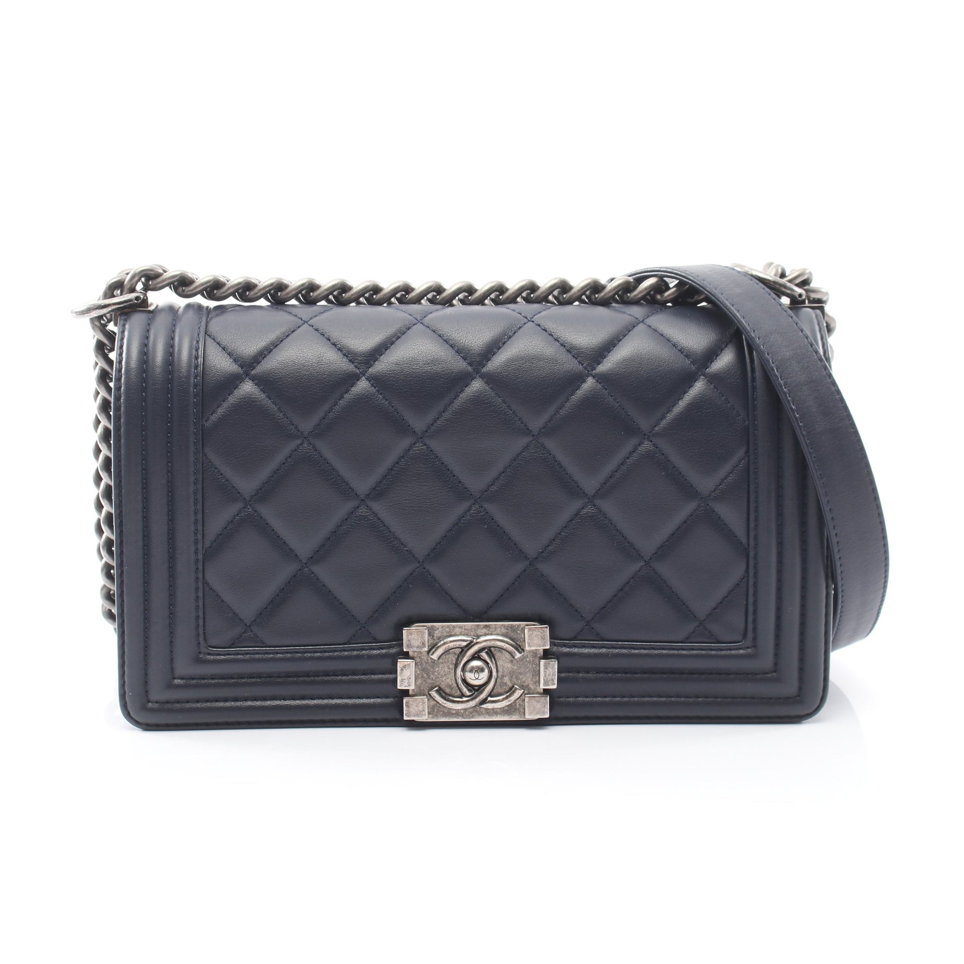 ボーイシャネル アンティークシルバー金具 チェーンショルダーバッグ ラムスキン ネイビー シャネル バッグ CHANEL