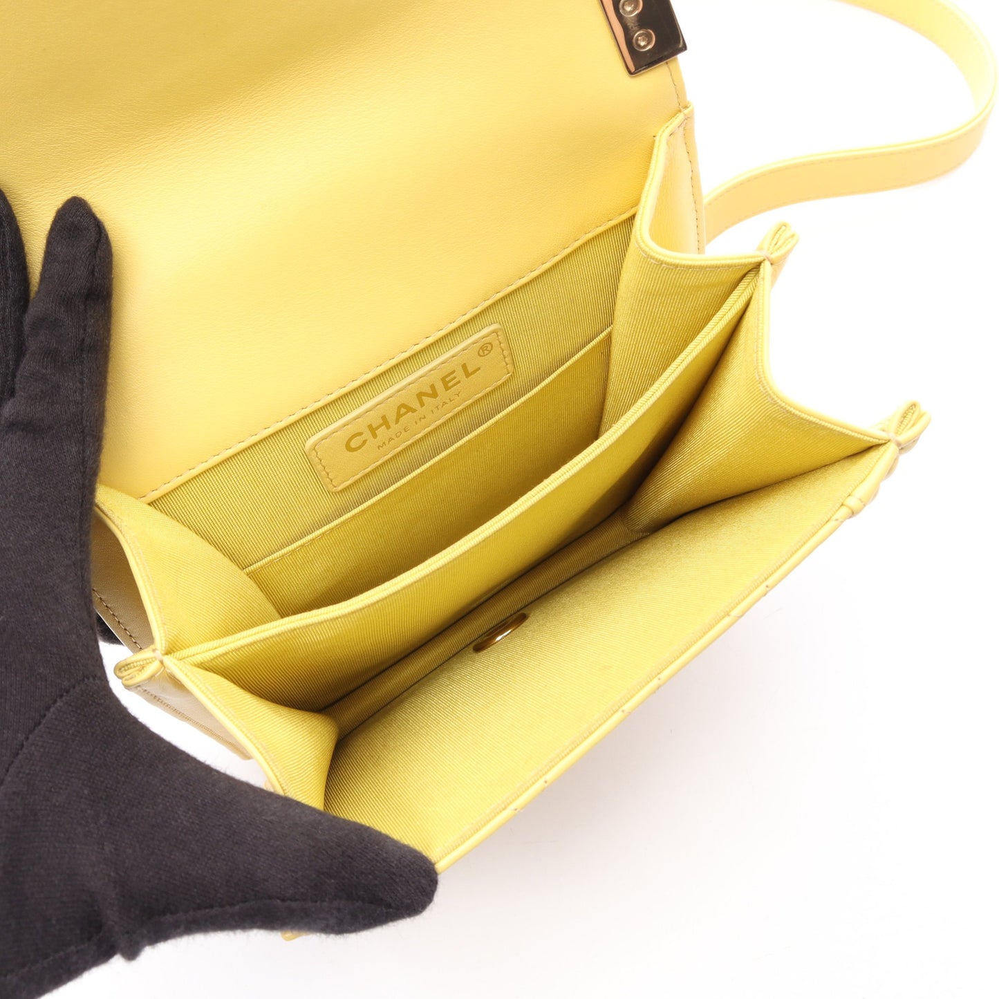 ボーイシャネル マトラッセ チェーンショルダーバッグ ラムスキン イエロー ゴールド金具 シャネル