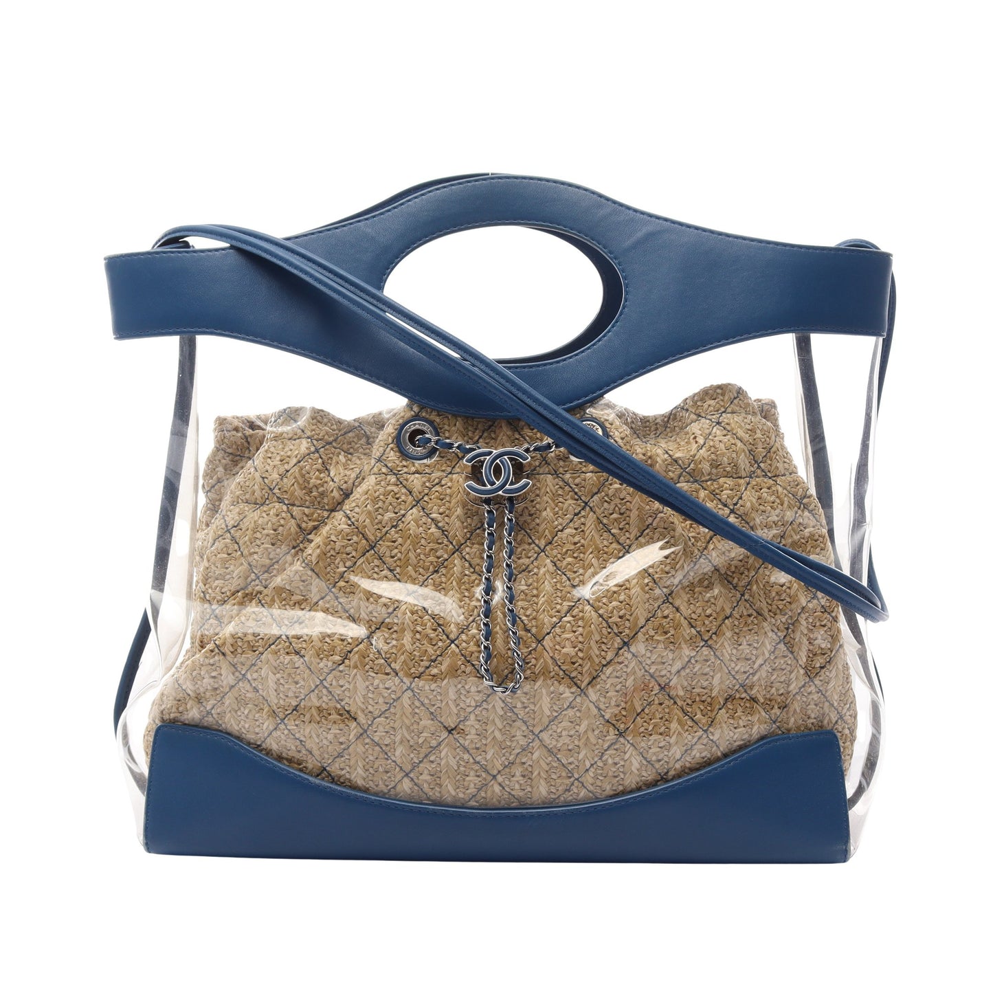 CHANEL31 ラージ ショッピングバッグ 2WAY ショルダーバッグ ビニール レザー ストロー クリア ブルー シルバー金具 シャネル