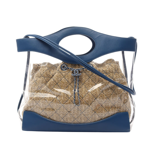 CHANEL31 ラージ ショッピングバッグ 2WAY ショルダーバッグ ビニール レザー ストロー クリア ブルー シルバー金具 シャネル