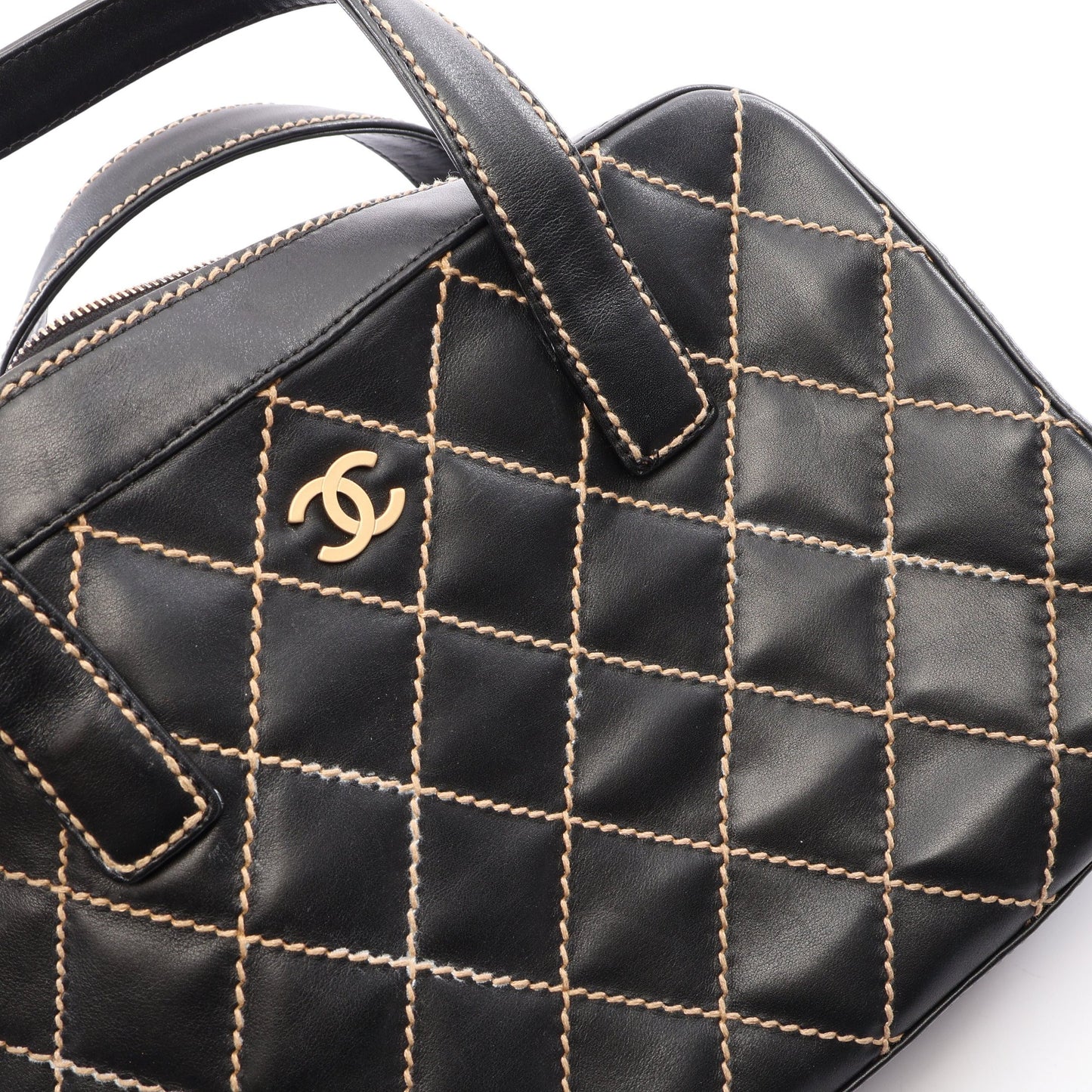 ワイルドステッチ ハンドバッグ レザー ブラック ゴールド金具 シャネル