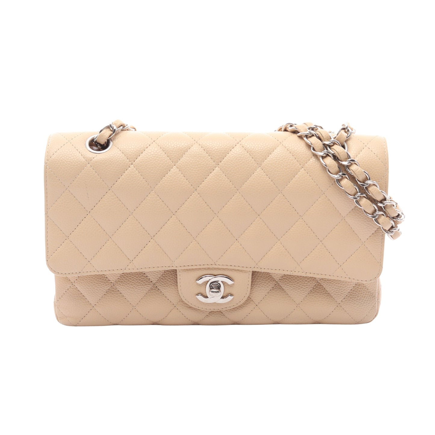 マトラッセ Wフラップ Wチェーンショルダーバッグ キャビアスキン ベージュ シルバー金具 シャネル バッグ CHANEL