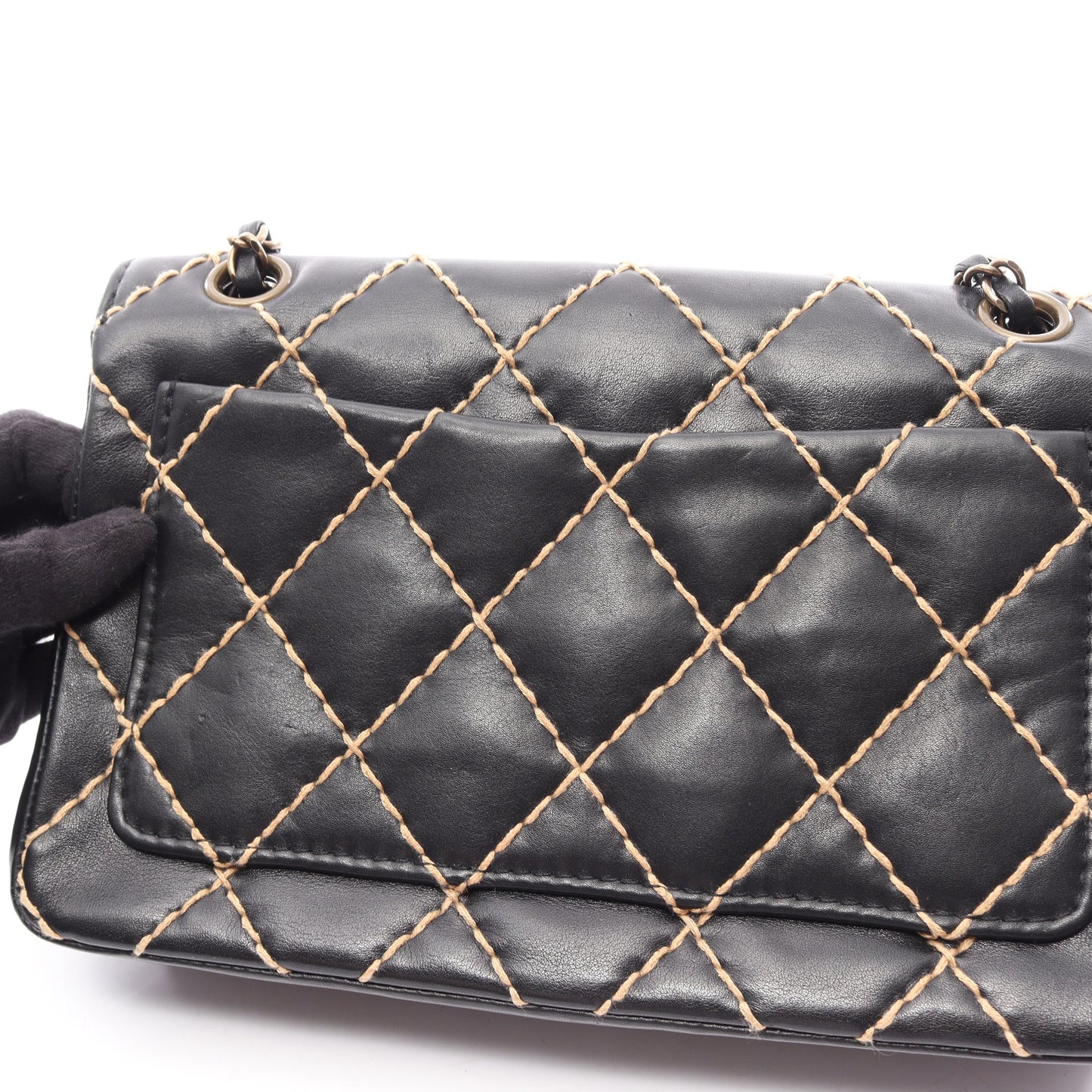 ワイルドステッチ Wチェーンショルダーバッグ レザー ブラック シルバー金具 シャネル バッグ CHANEL