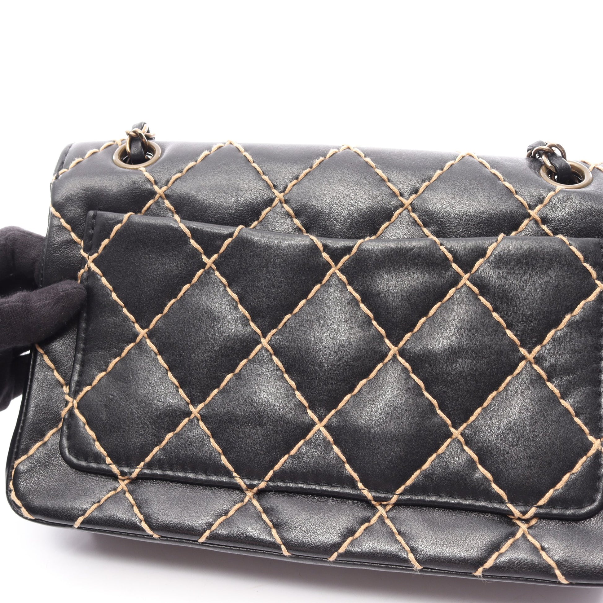 ワイルドステッチ Wチェーンショルダーバッグ レザー ブラック シルバー金具 シャネル バッグ CHANEL