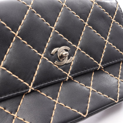 ワイルドステッチ Wチェーンショルダーバッグ レザー ブラック シルバー金具 シャネル バッグ CHANEL