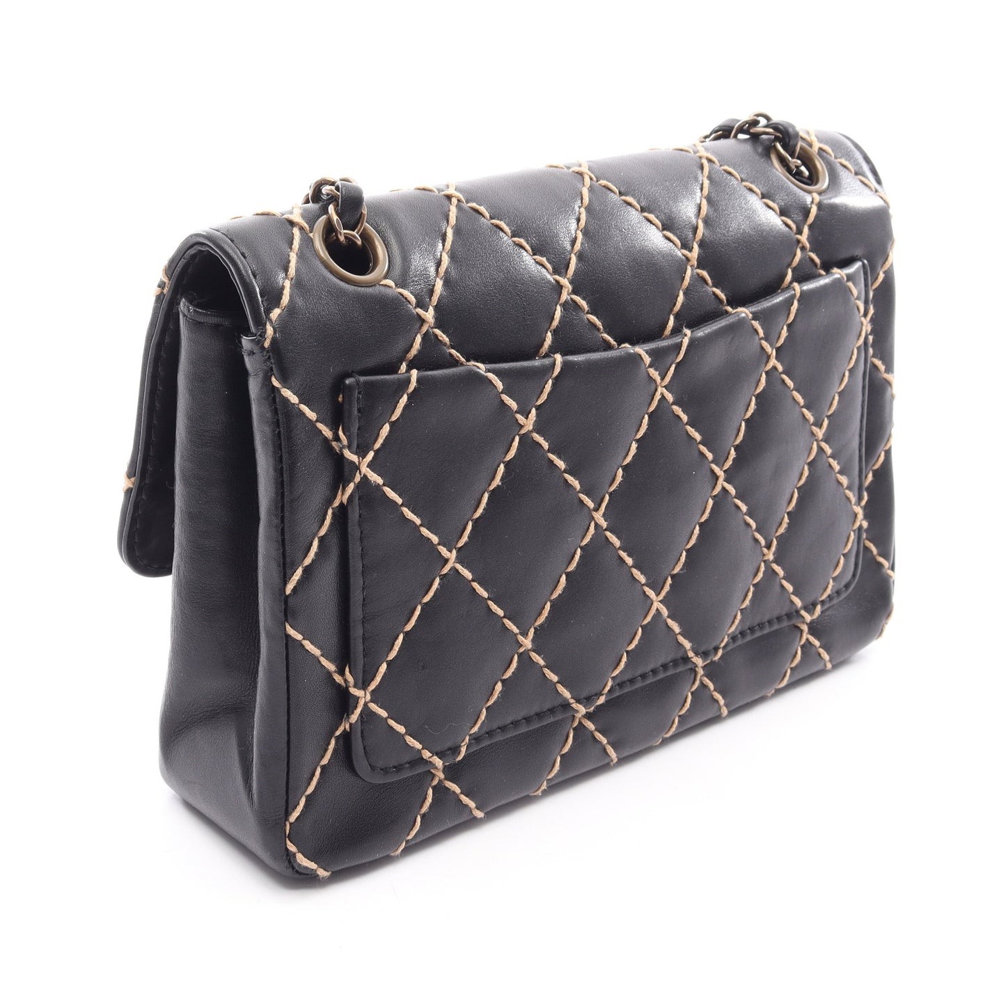 ワイルドステッチ Wチェーンショルダーバッグ レザー ブラック シルバー金具 シャネル バッグ CHANEL