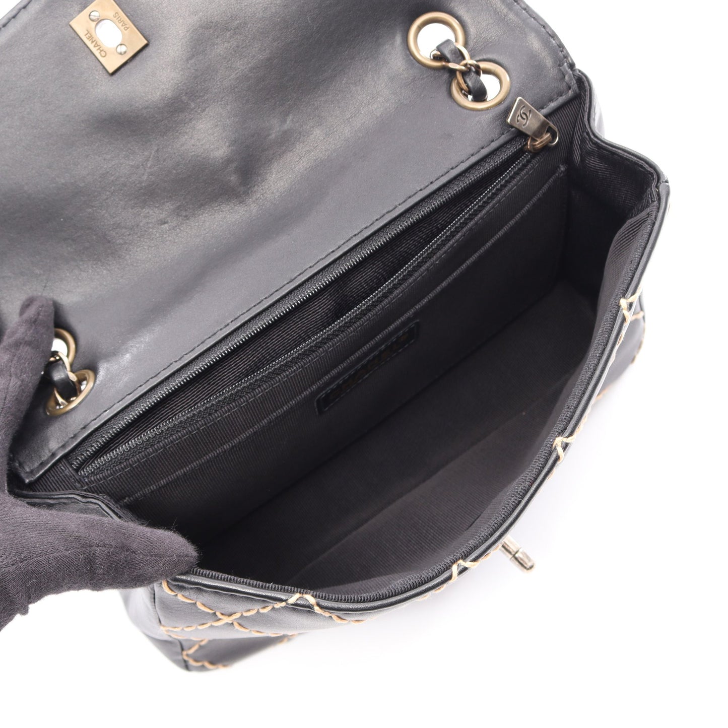 ワイルドステッチ Wチェーンショルダーバッグ レザー ブラック シルバー金具 シャネル バッグ CHANEL