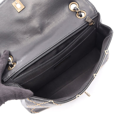 ワイルドステッチ Wチェーンショルダーバッグ レザー ブラック シルバー金具 シャネル バッグ CHANEL