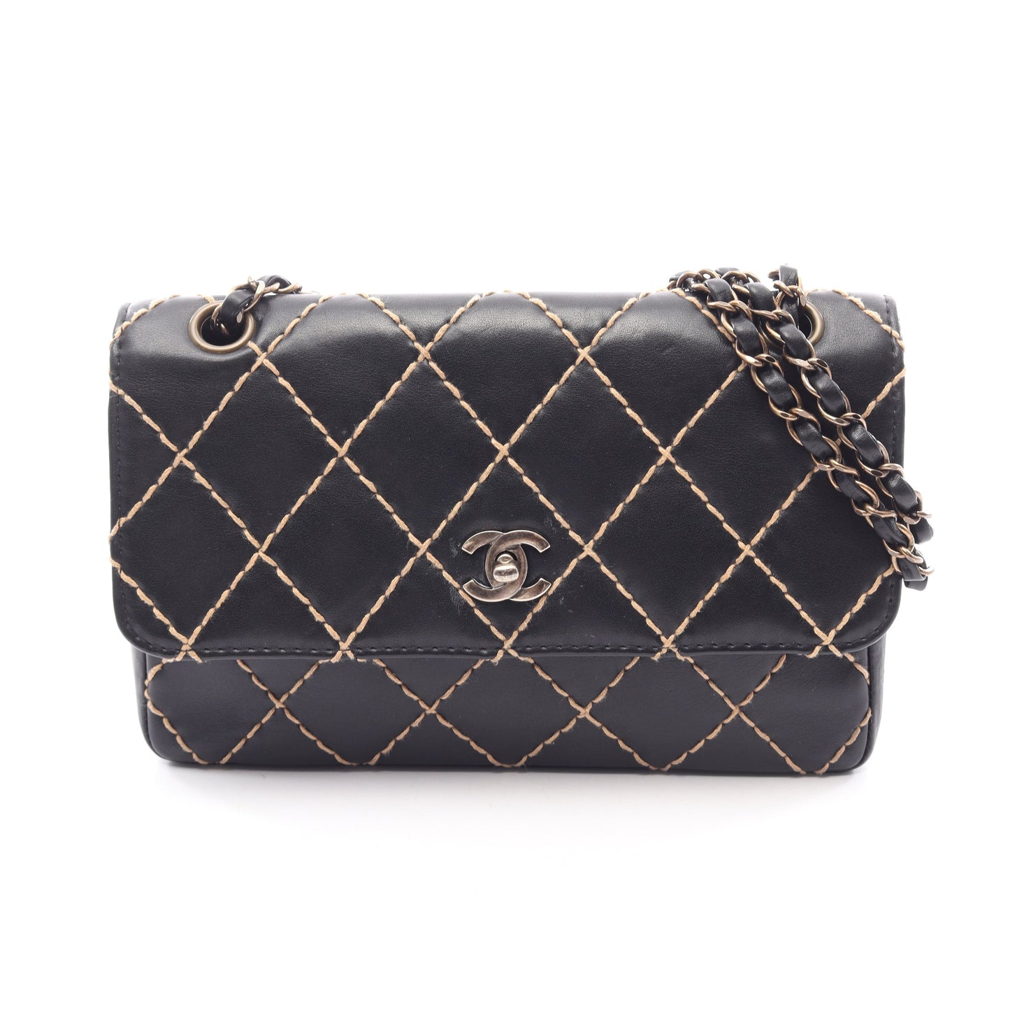 ワイルドステッチ Wチェーンショルダーバッグ レザー ブラック シルバー金具 シャネル バッグ CHANEL