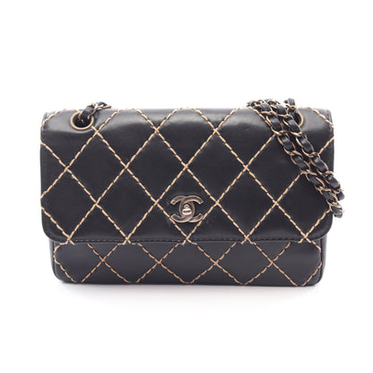 ワイルドステッチ Wチェーンショルダーバッグ レザー ブラック シルバー金具 シャネル バッグ CHANEL
