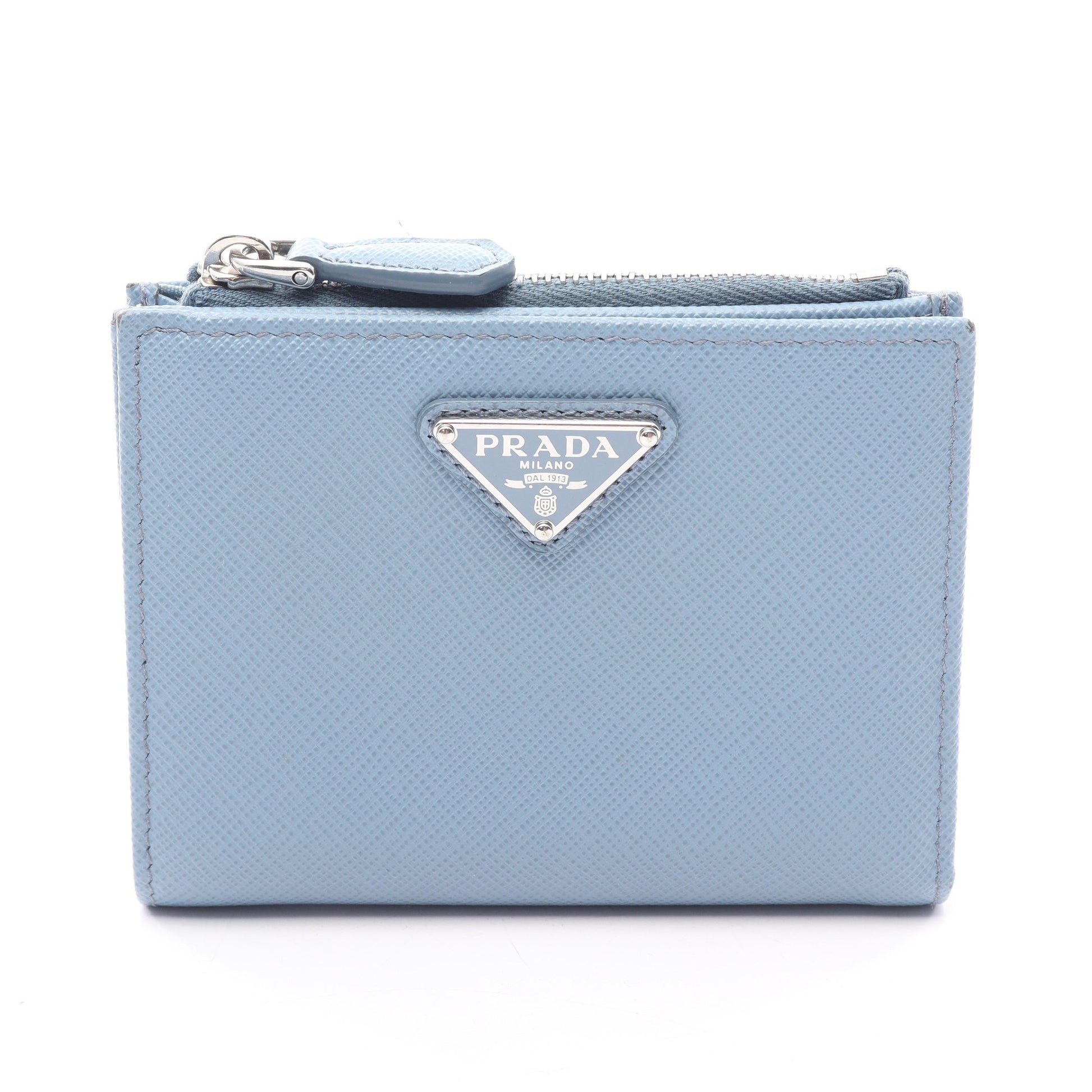 グレーストライアングル エンボス 二つ折り財布 サフィアーノレザー ライトブルー プラダ 財布・小物 PRADA