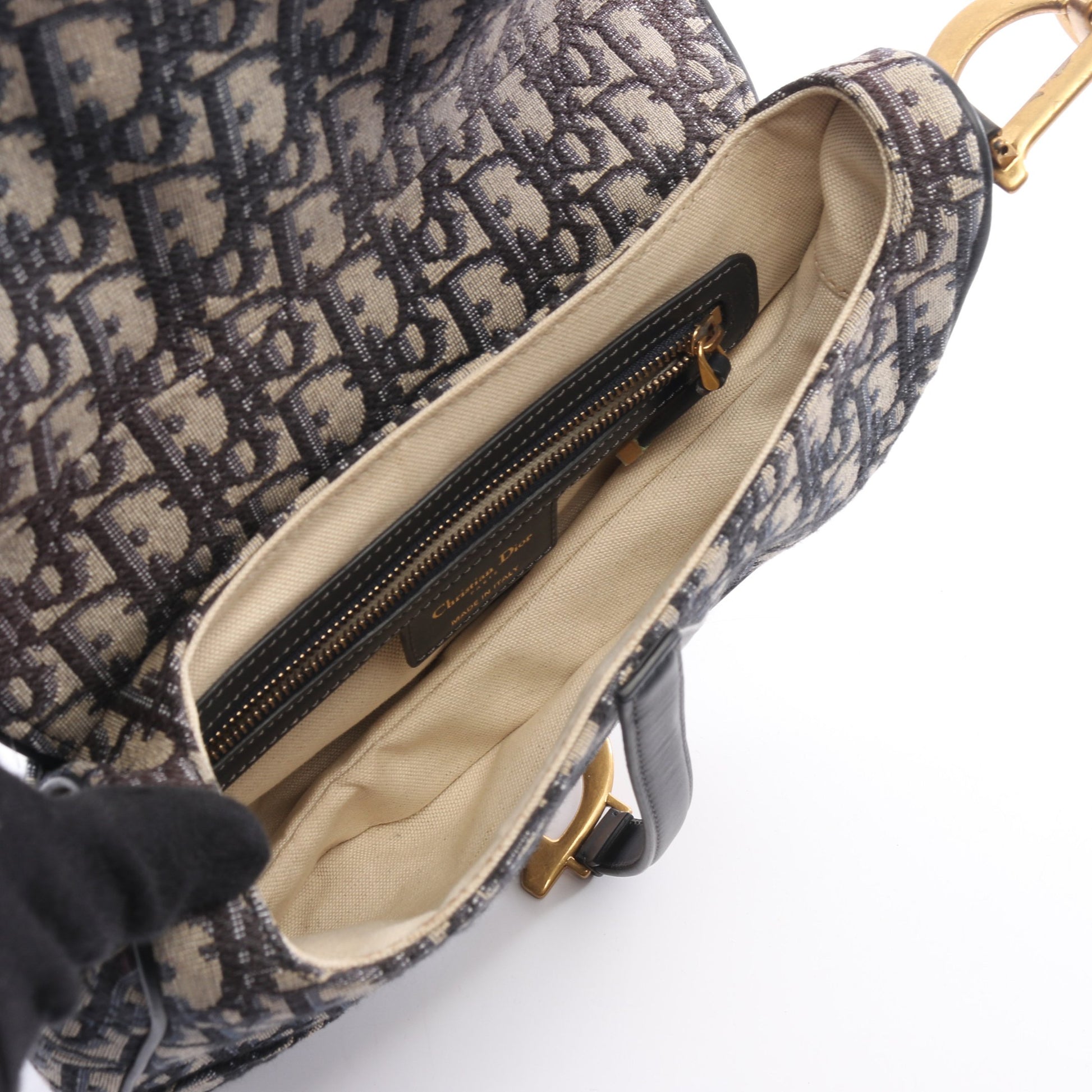 サドルバッグ オブリークジャカード ハンドバッグ キャンバス レザー ベージュ ネイビー クリスチャンディオール バッグ Christian Dior