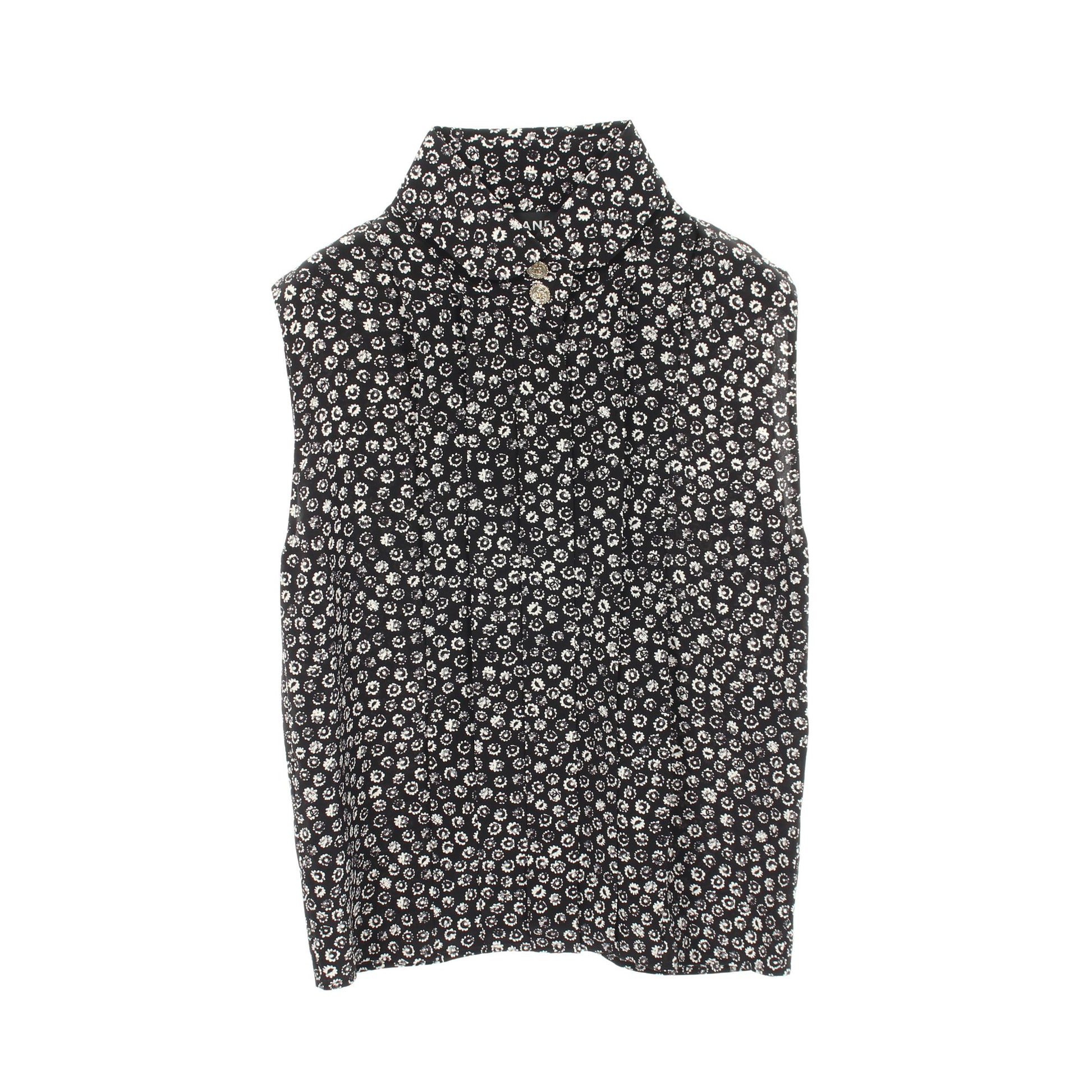 ココマークボタン 花柄ブラウス ノースリーブ シャツ シルク ブラック ホワイト シャネル トップス CHANEL