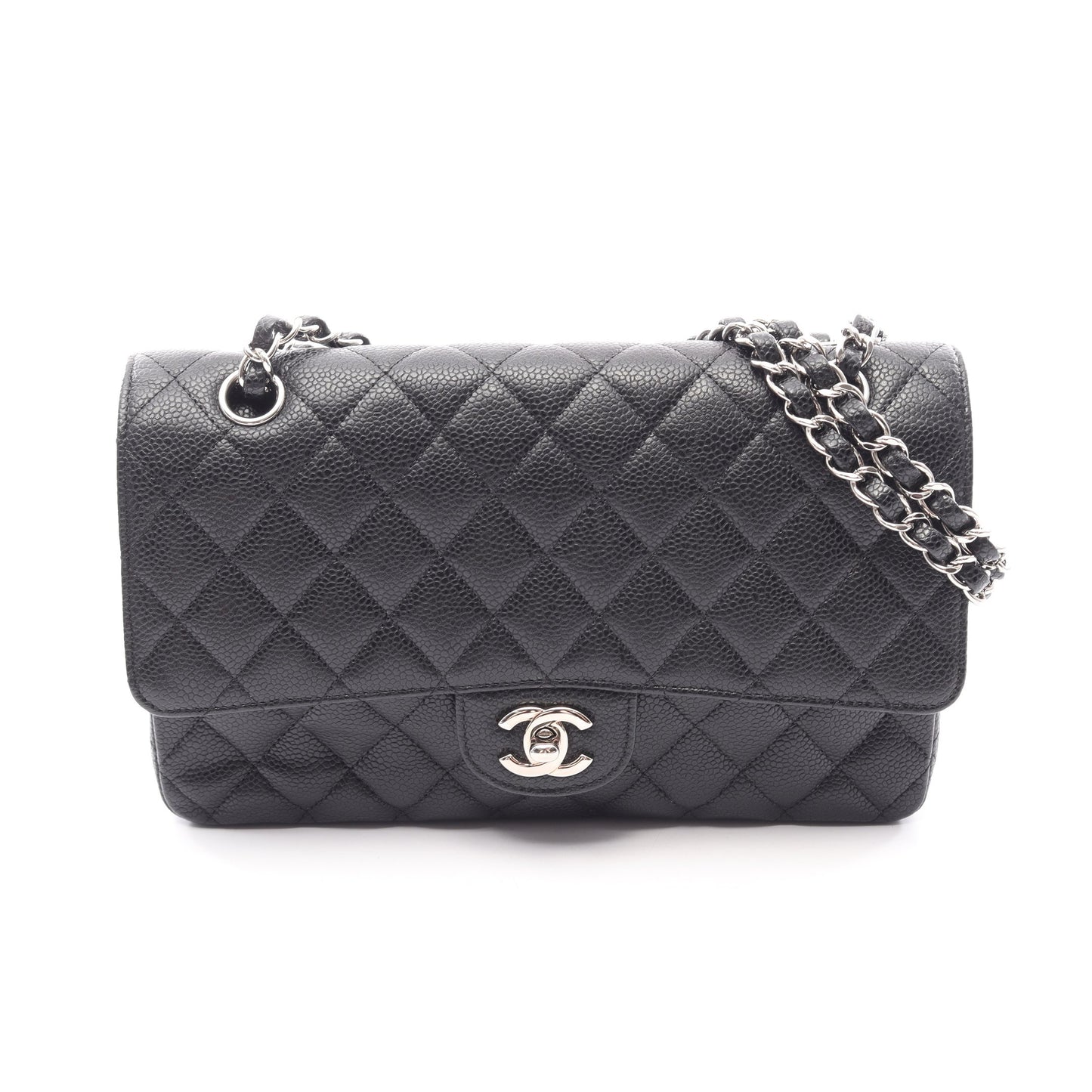 マトラッセ Wフラップ Wチェーンショルダーバッグ キャビアスキン ブラック シルバー金具 シャネル