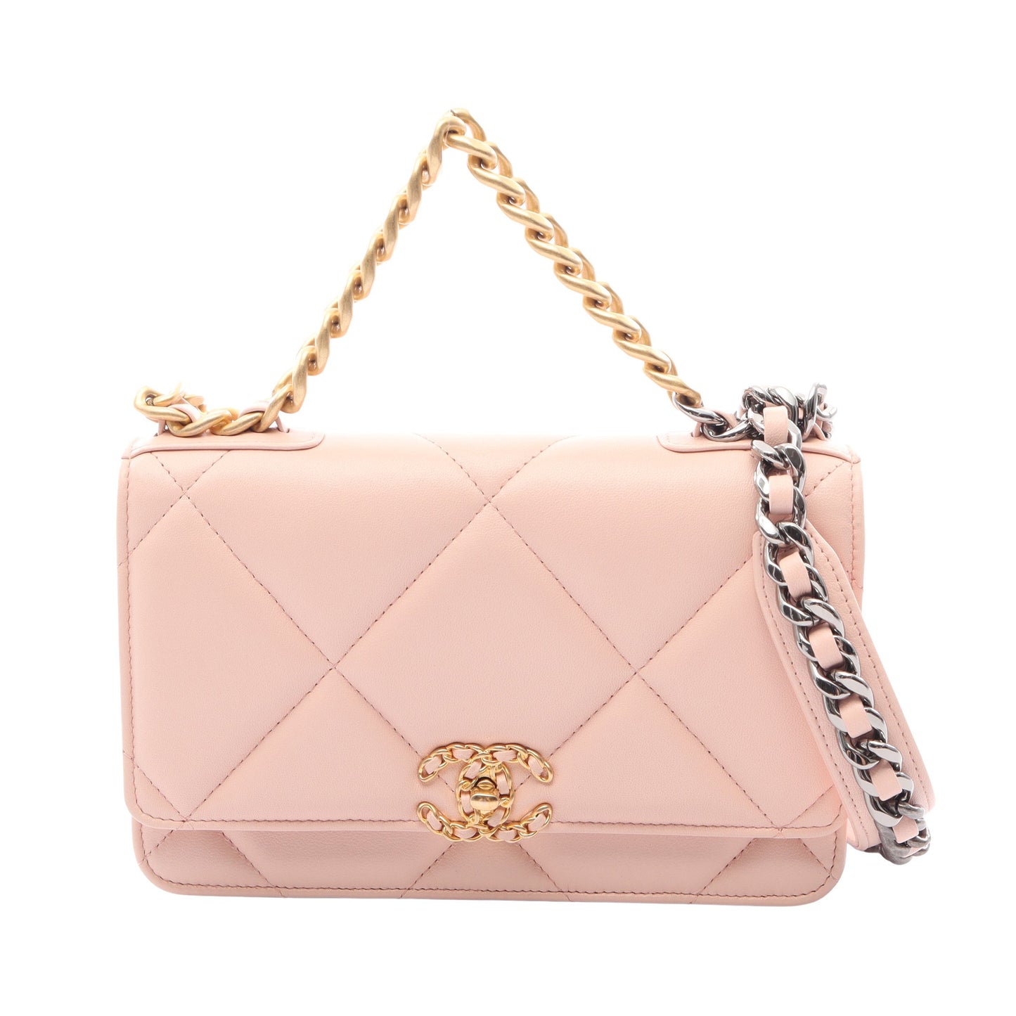 CHANEL19 マトラッセ コンビ金具 2WAY チェーンウォレット ラムスキン ライトピンク シャネル