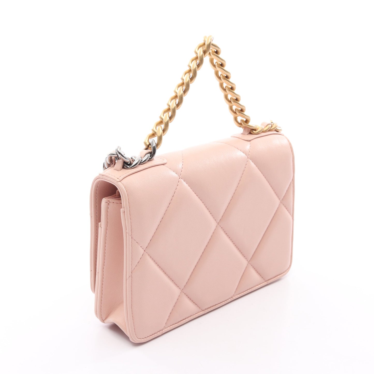 CHANEL19 マトラッセ コンビ金具 2WAY チェーンウォレット ラムスキン ライトピンク シャネル