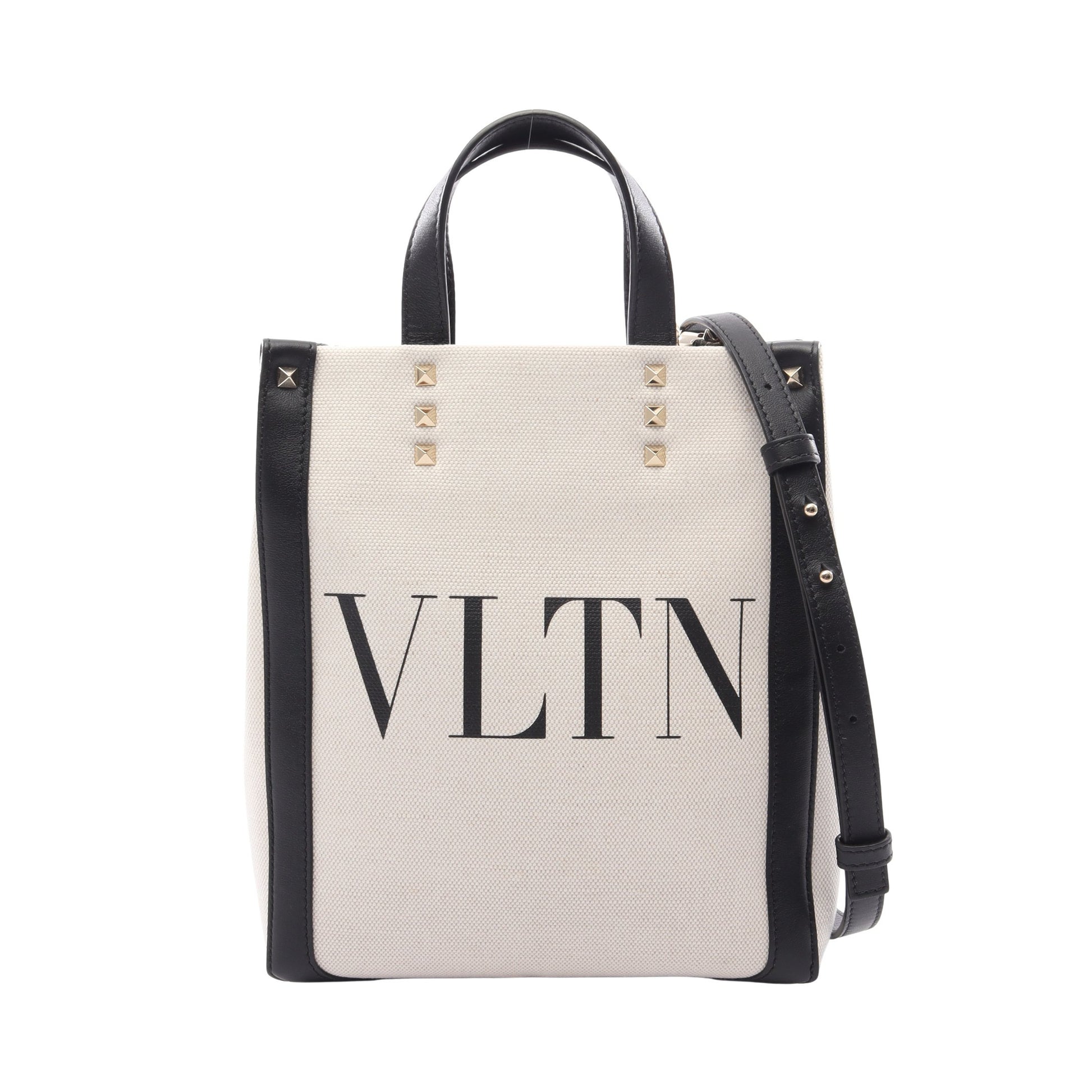 VLTNロゴ 2WAY ハンドバッグ トートバッグ キャンバス レザー アイボリー ブラック ヴァレンティノガラヴァーニ バッグ VALENTINO GARAVANI