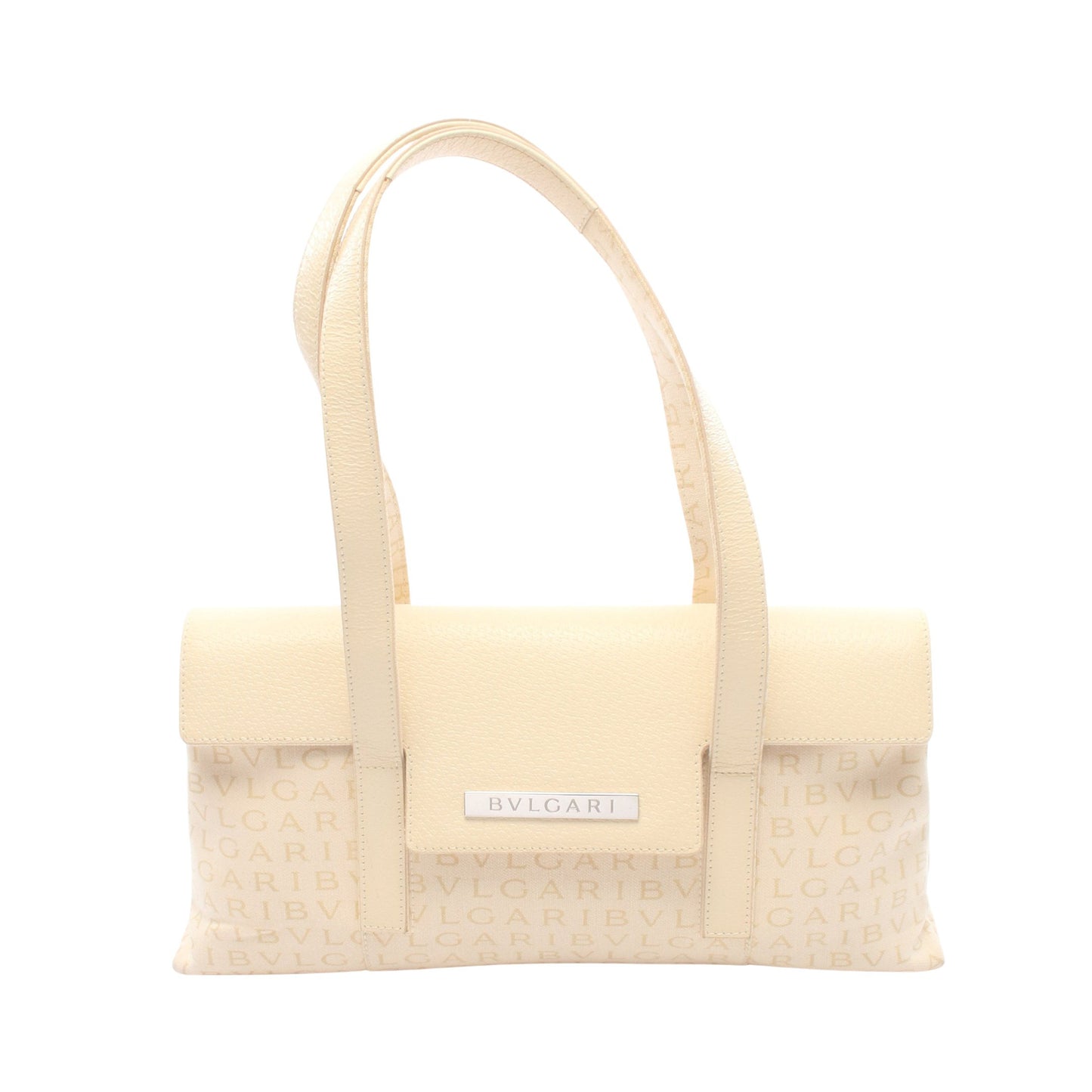 ロゴマニア ハンドバッグ キャンバス レザー アイボリー ベージュ ブルガリ バッグ BVLGARI