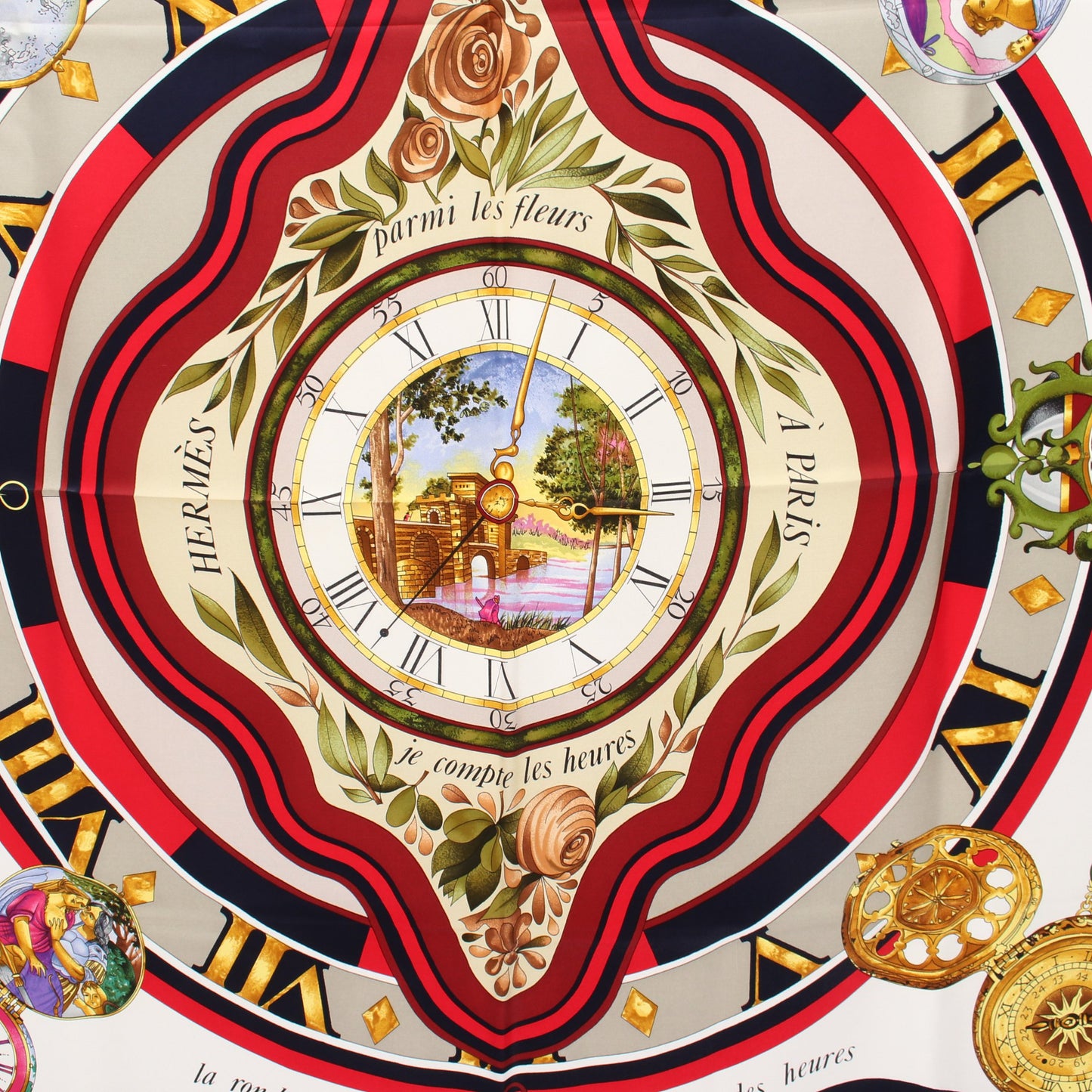 カレ90 Parmi les fleurs je compte les heures スカーフ シルク ネイビー マルチカラー エルメス