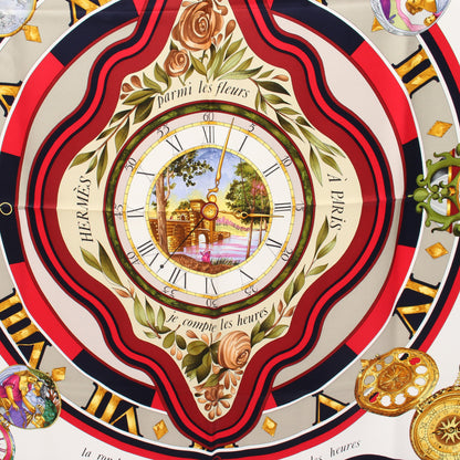 カレ90 Parmi les fleurs je compte les heures スカーフ シルク ネイビー マルチカラー エルメス