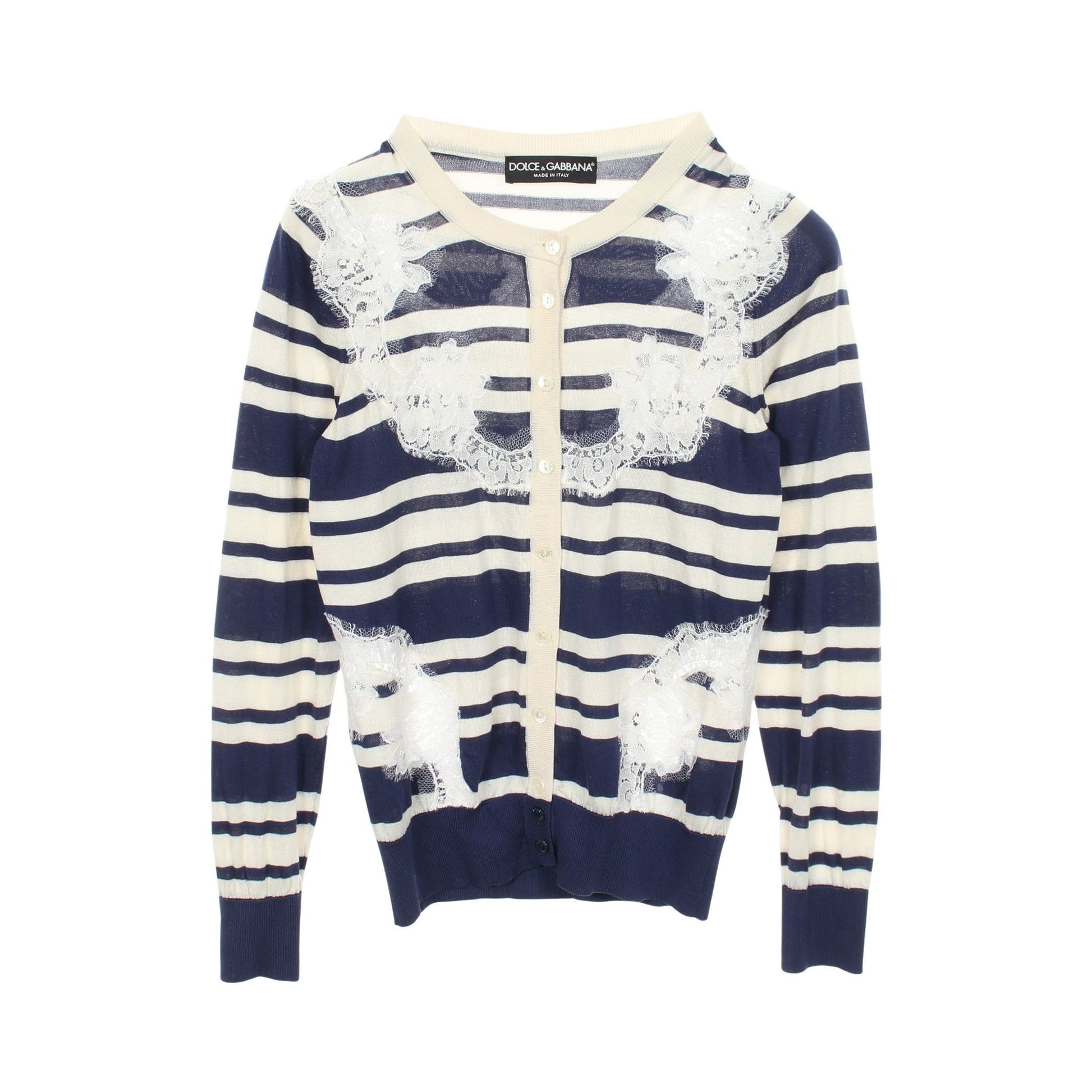 ボーダー レース カーディガン シルク ブルー アイボリー ドルチェアンドガッバーナ トップス DOLCE&GABBANA