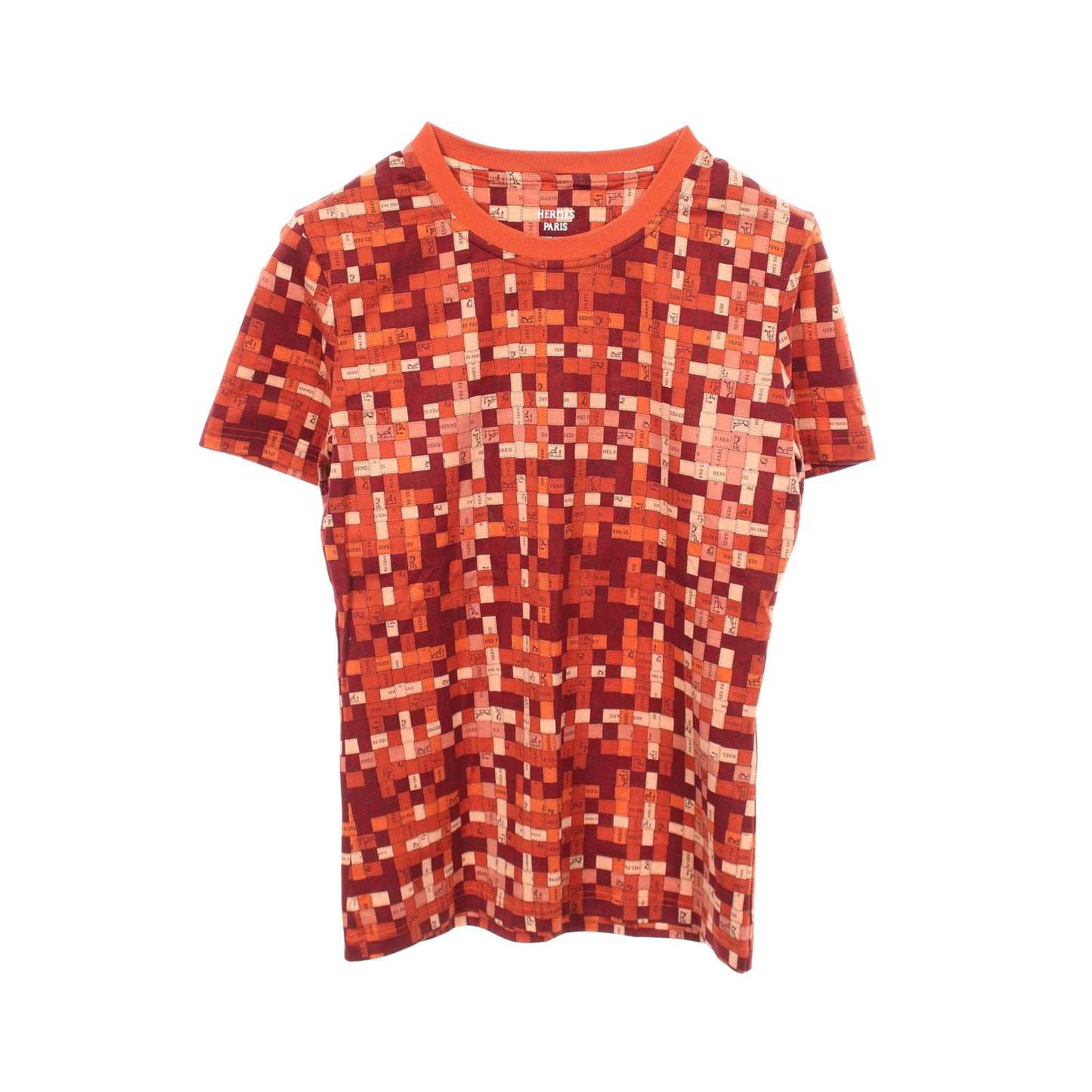 ボルデュックチェック クルーネック 半袖Tシャツ コットン オレンジ ブラウン エルメス