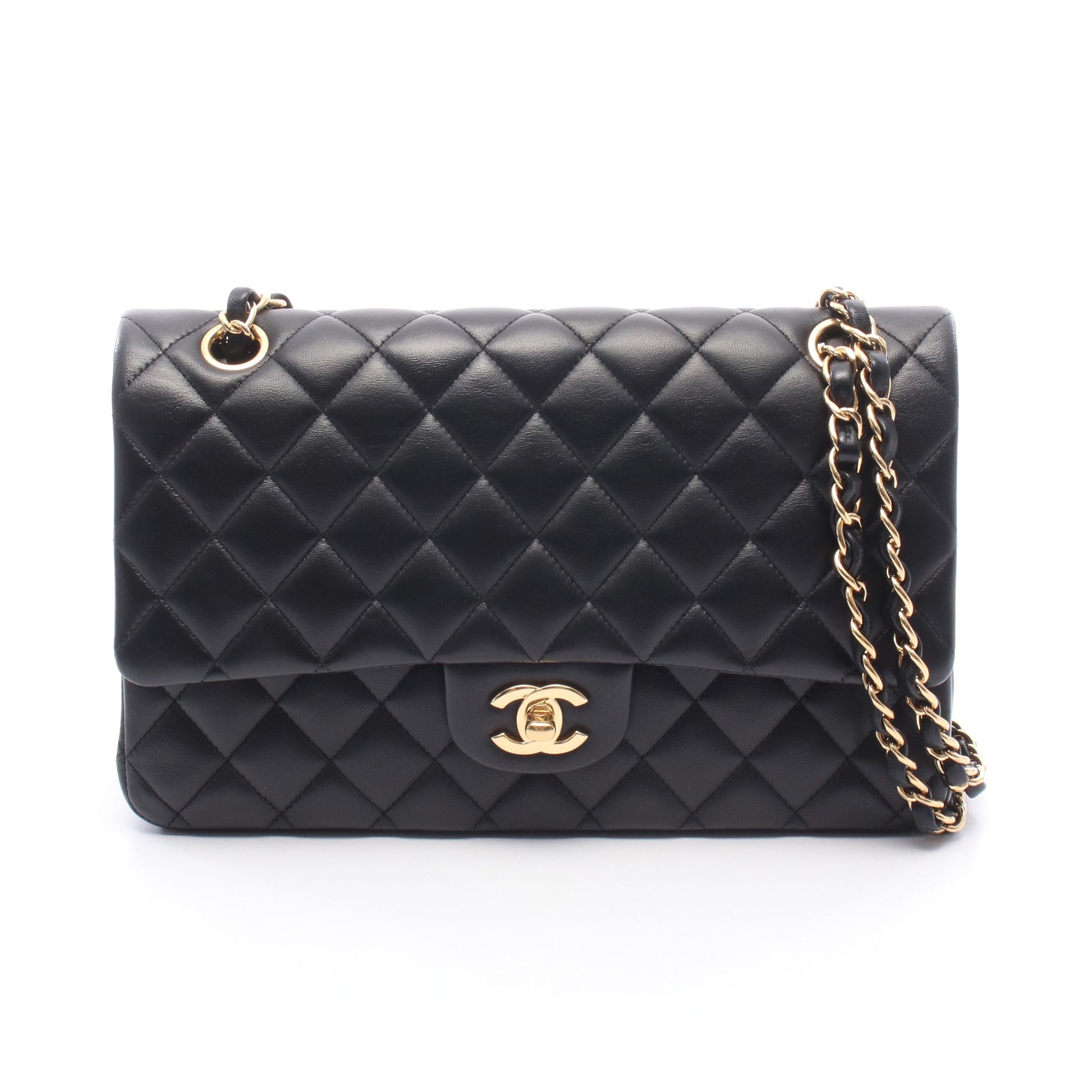 マトラッセ Wフラップ Wチェーンショルダーバッグ ラムスキン ブラック ゴールド金具 シャネル バッグ CHANEL