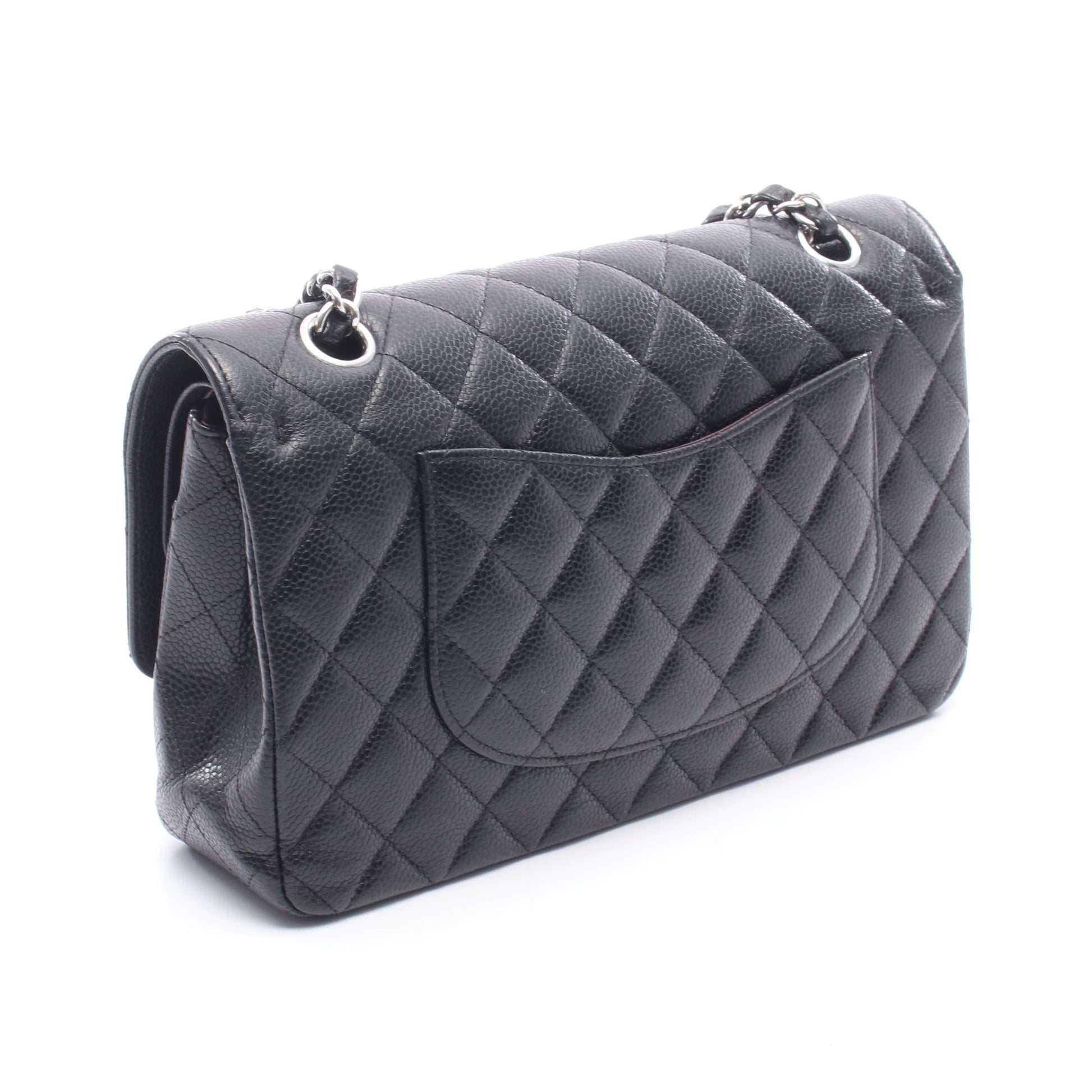 マトラッセ Wフラップ Wチェーンショルダーバッグ キャビアスキン ブラック シルバー金具 シャネル バッグ CHANEL