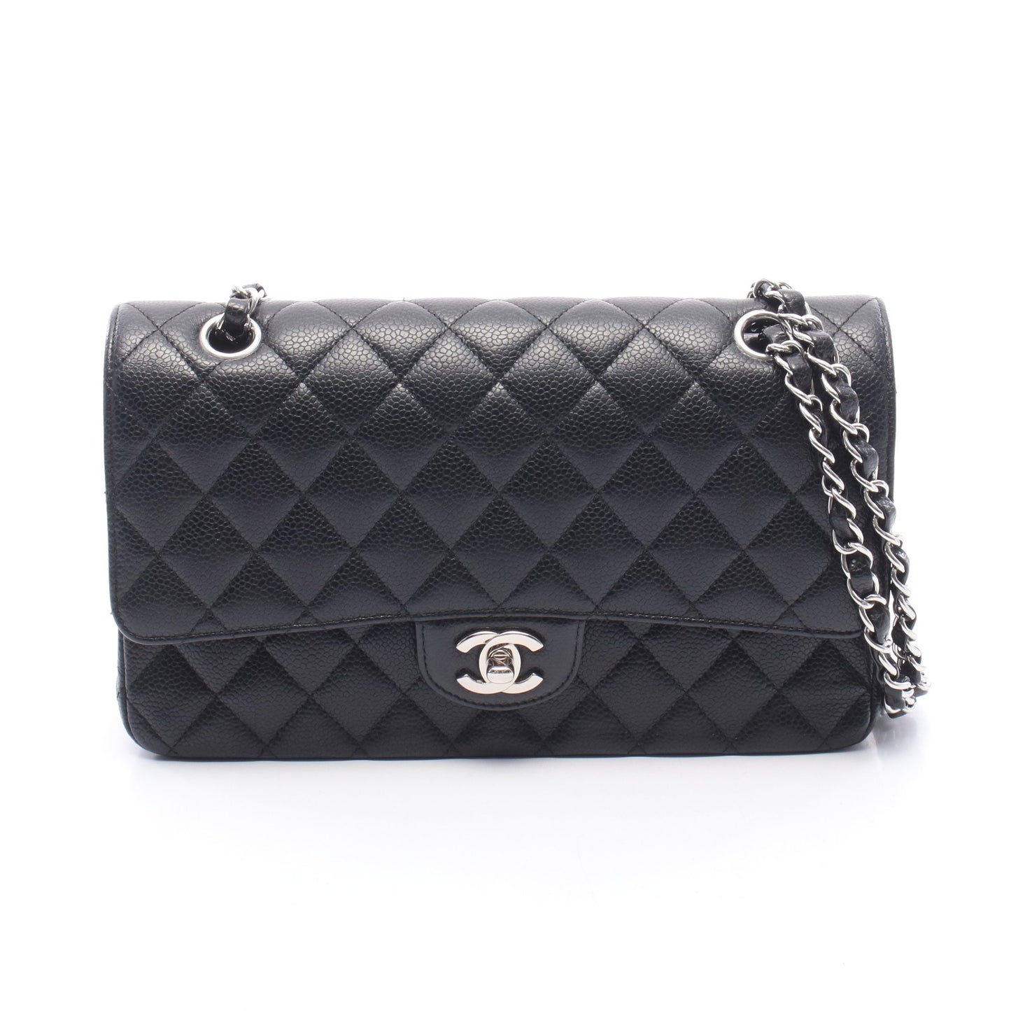 マトラッセ Wフラップ Wチェーンショルダーバッグ キャビアスキン ブラック シルバー金具 シャネル バッグ CHANEL