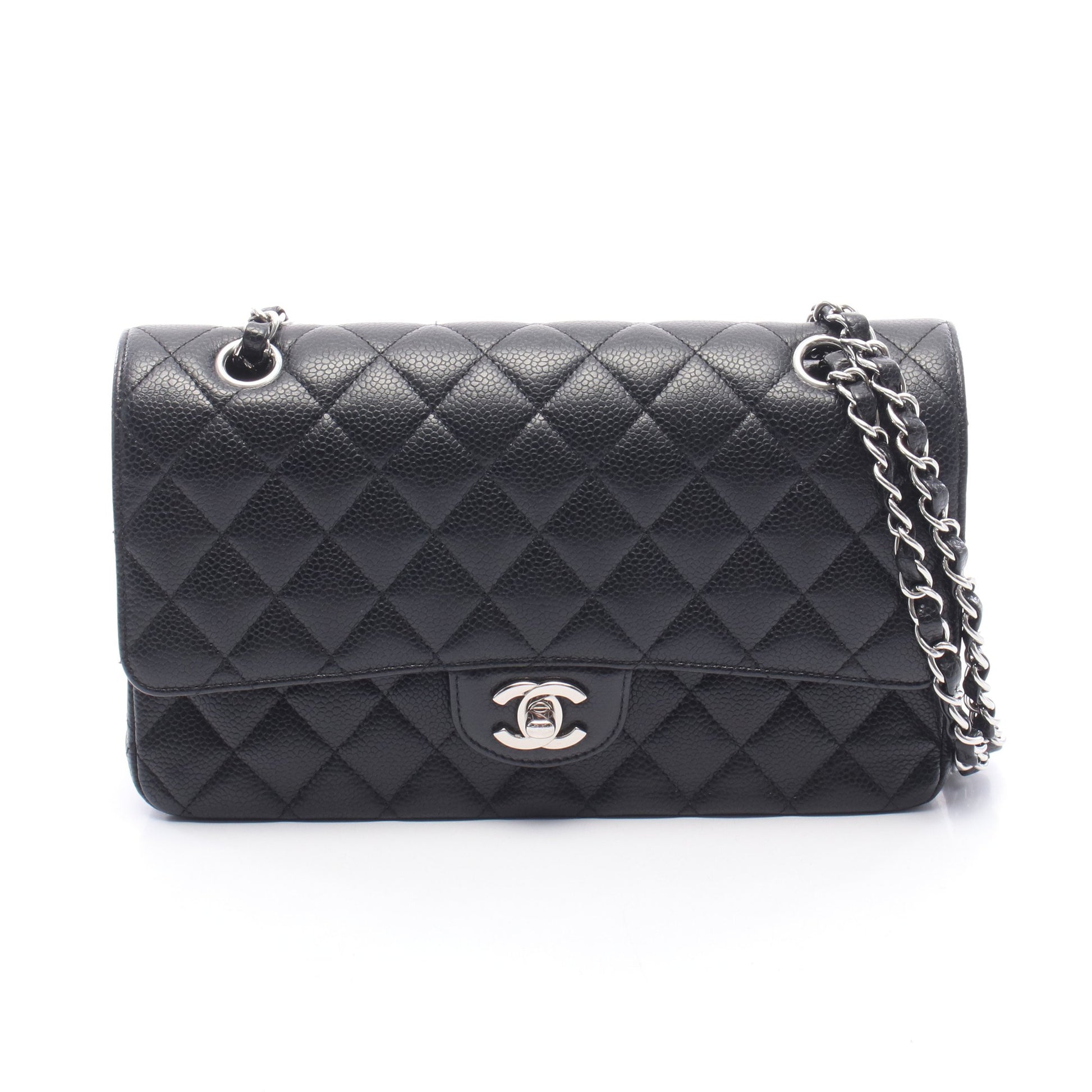マトラッセ Wフラップ Wチェーンショルダーバッグ キャビアスキン ブラック シルバー金具 シャネル バッグ CHANEL