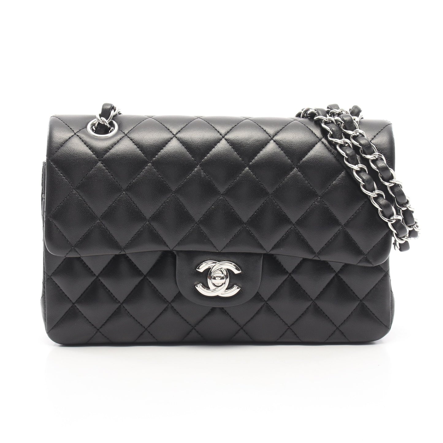 マトラッセ Wフラップ Wチェーンショルダーバッグ ラムスキン ブラック シルバー金具 シャネル バッグ CHANEL