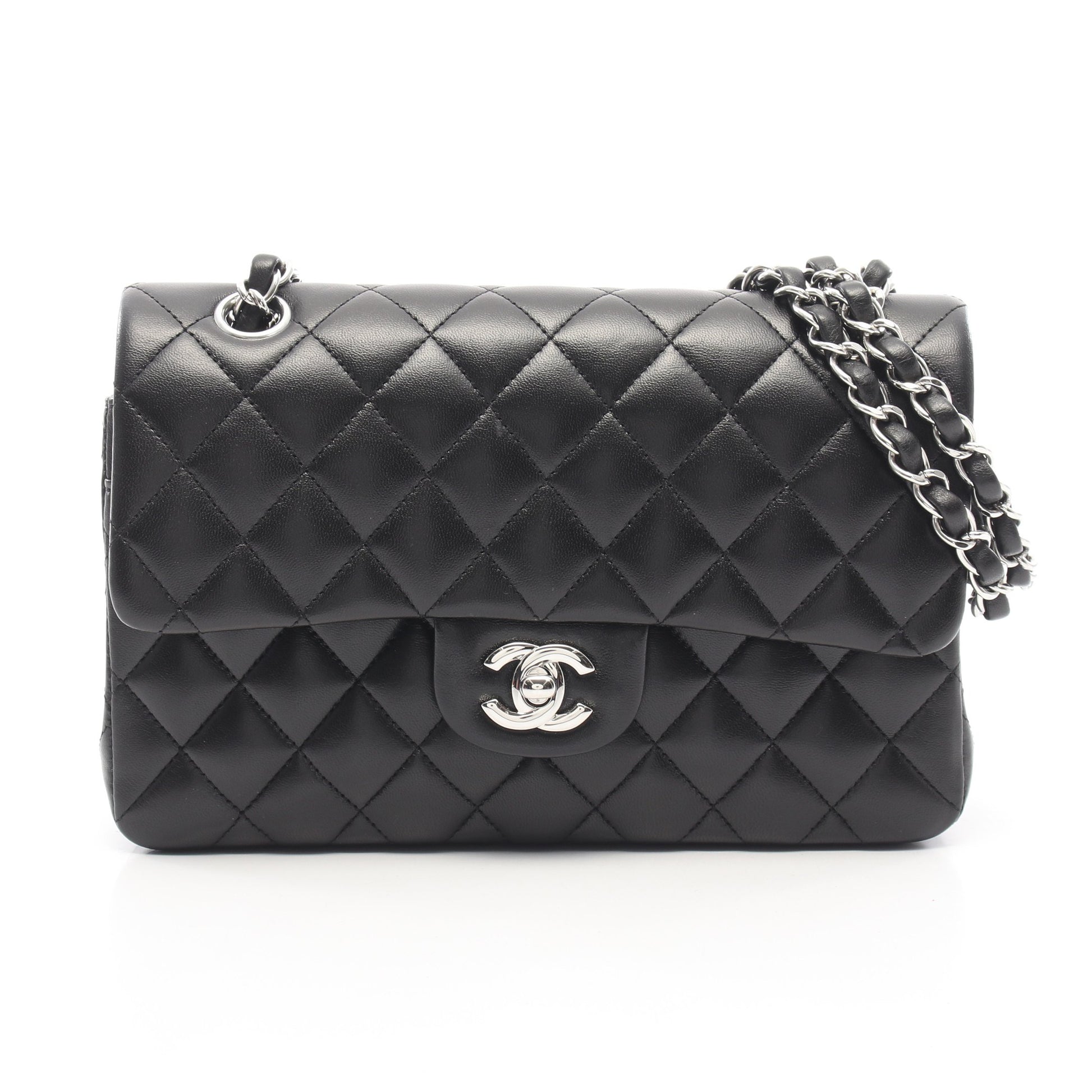 マトラッセ Wフラップ Wチェーンショルダーバッグ ラムスキン ブラック シルバー金具 シャネル バッグ CHANEL