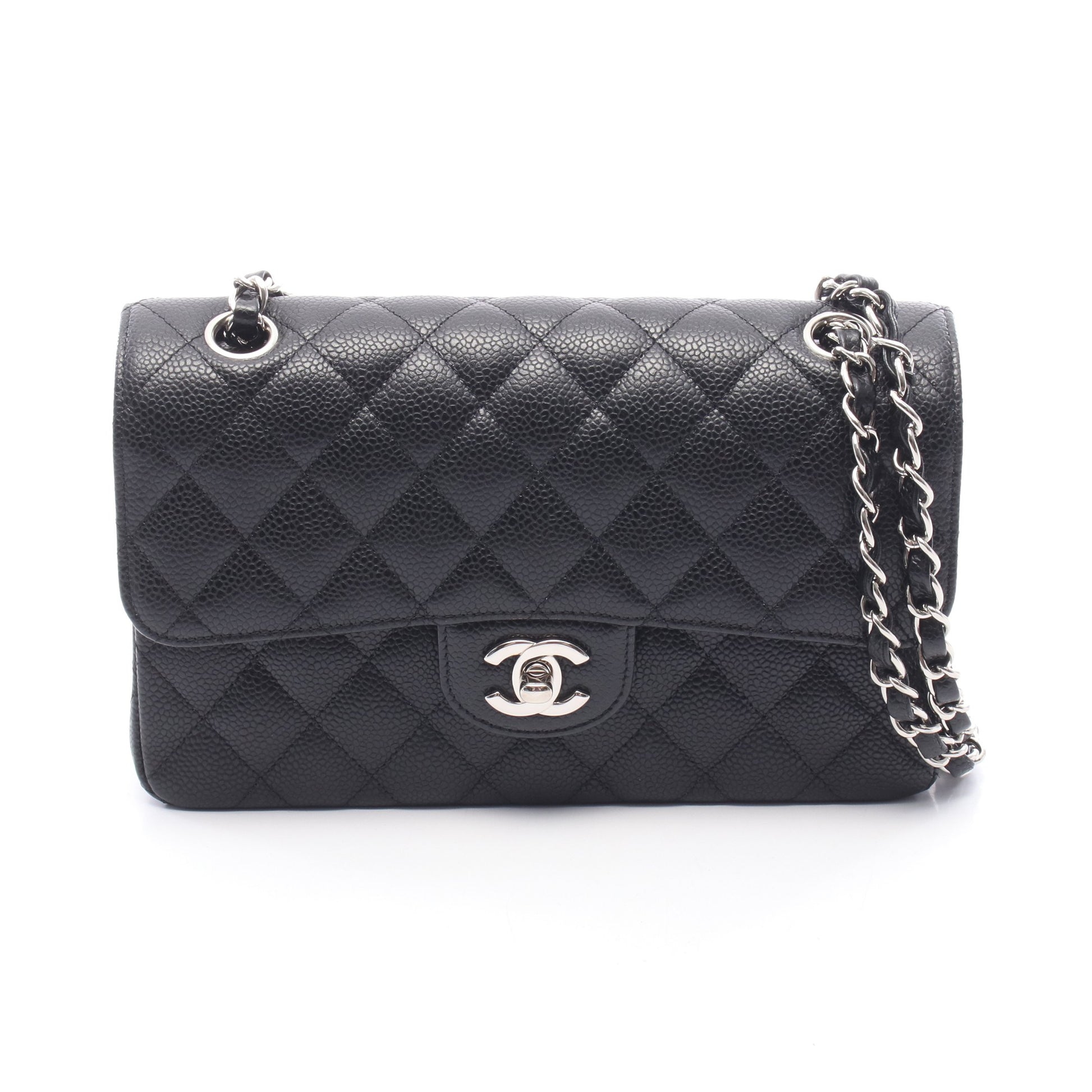 マトラッセ Wフラップ Wチェーンショルダーバッグ キャビアスキン ブラック シルバー金具 シャネル バッグ CHANEL