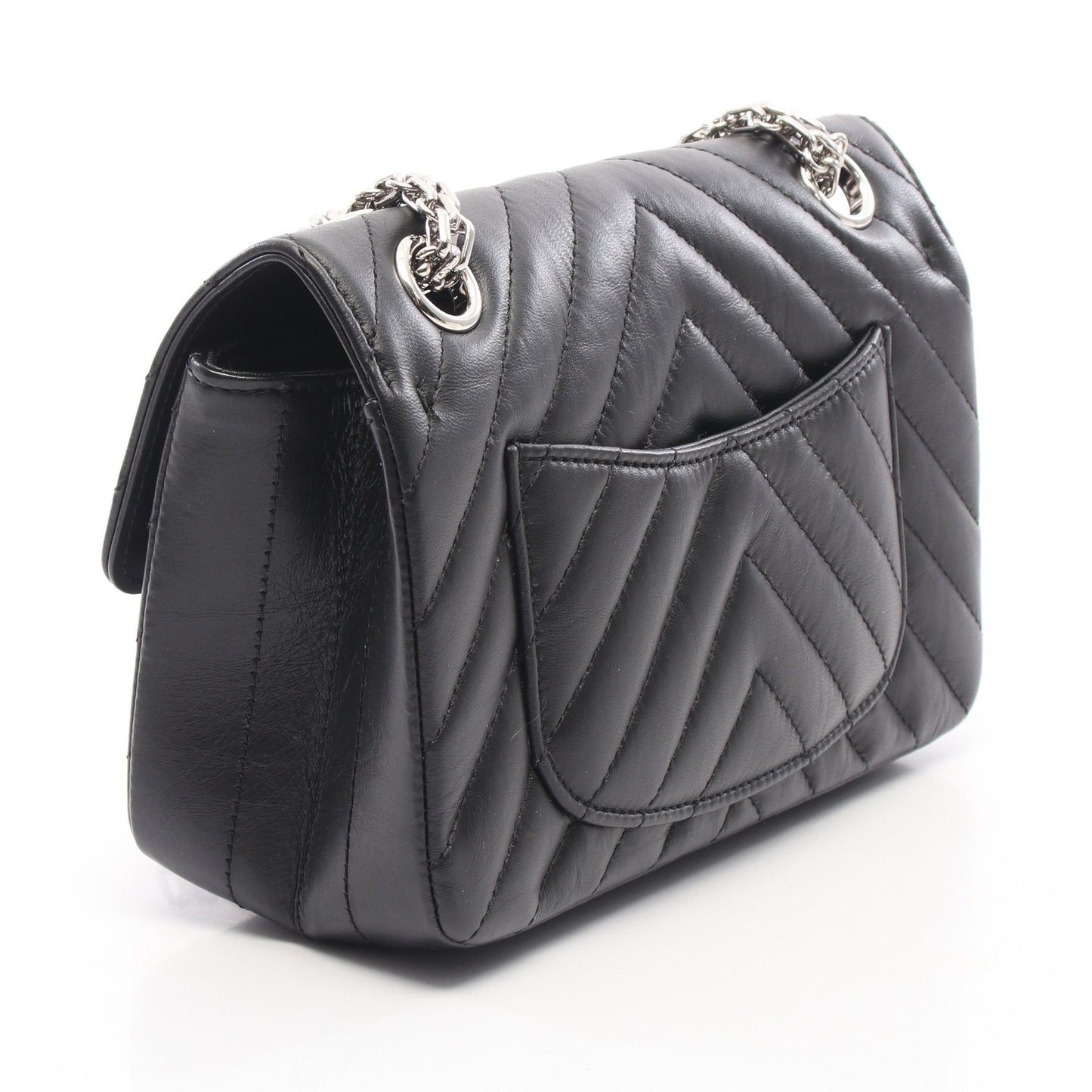 2.55 Vステッチ シェブロン Wチェーンショルダーバッグ エイジドカーフスキン ブラック シルバー金具 シャネル バッグ CHANEL