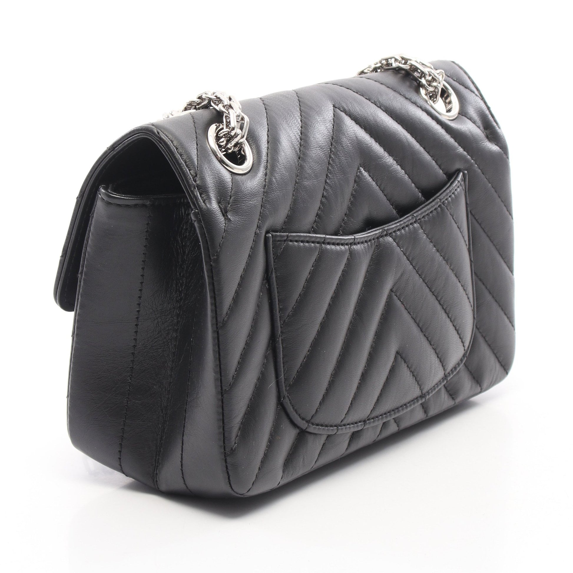 2.55 Vステッチ シェブロン Wチェーンショルダーバッグ エイジドカーフスキン ブラック シルバー金具 シャネル バッグ CHANEL