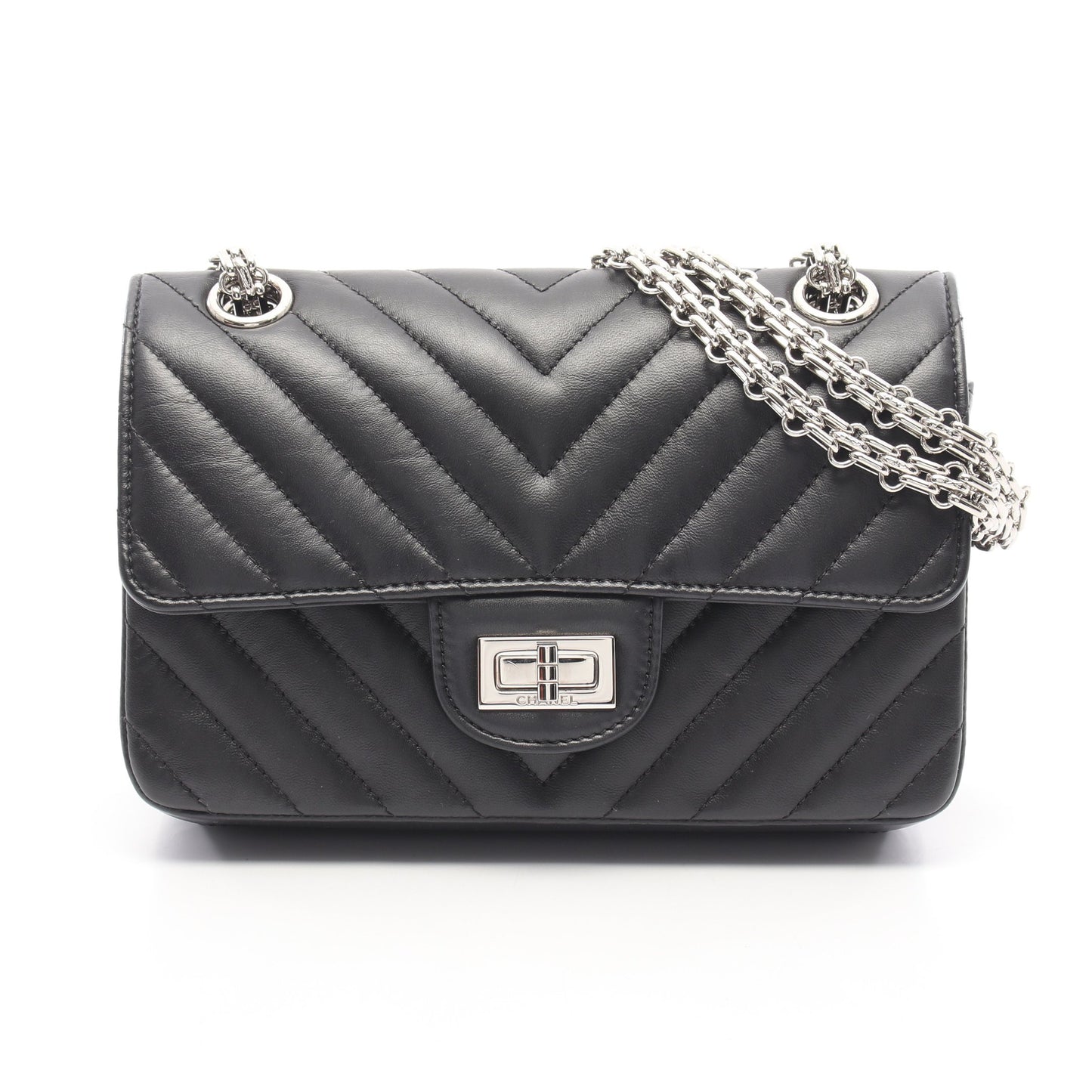 2.55 Vステッチ シェブロン Wチェーンショルダーバッグ エイジドカーフスキン ブラック シルバー金具 シャネル バッグ CHANEL