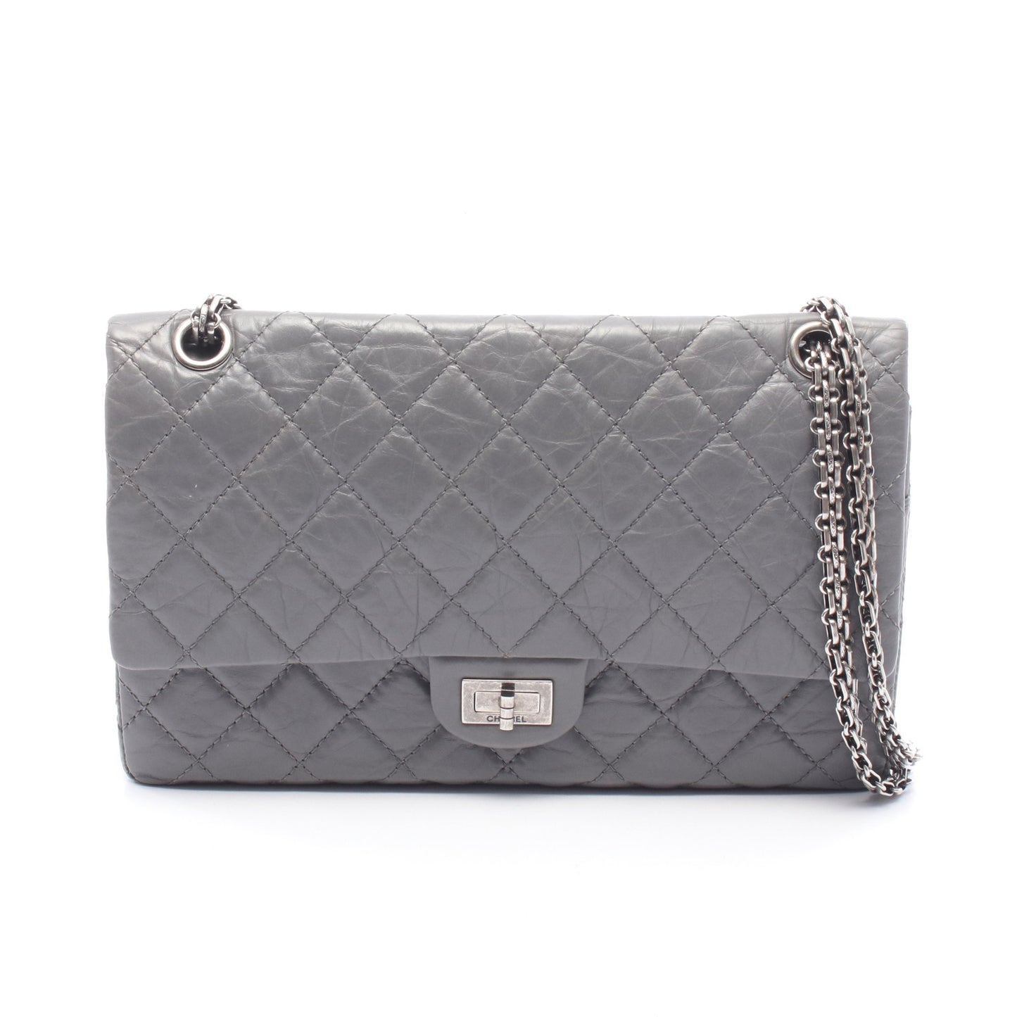 2.55 マトラッセ Wフラップ Wチェーンショルダーバッグ エイジドカーフスキン グレー シルバー金具 シャネル バッグ CHANEL