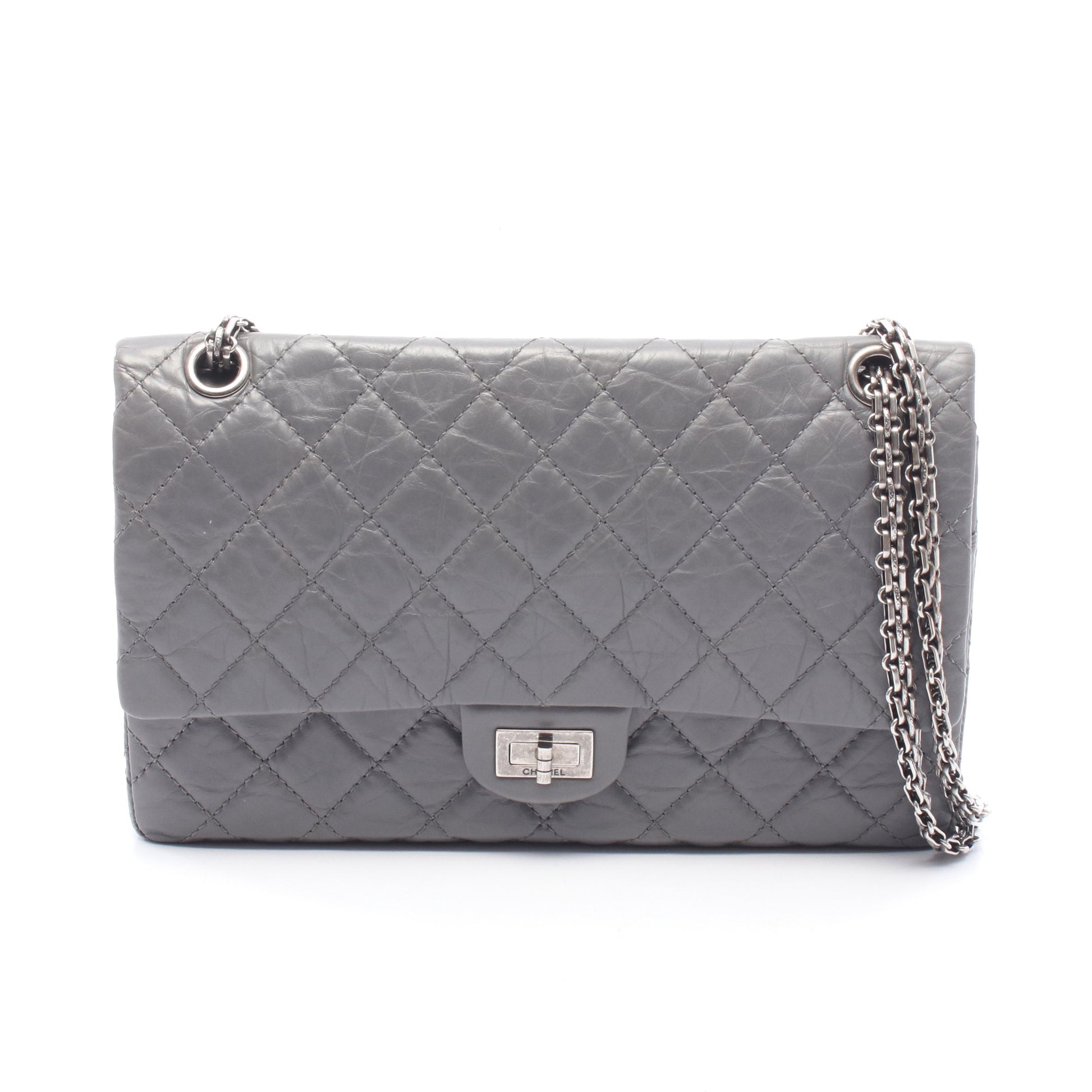 2.55 マトラッセ Wフラップ Wチェーンショルダーバッグ エイジドカーフスキン グレー シルバー金具 シャネル バッグ CHANEL