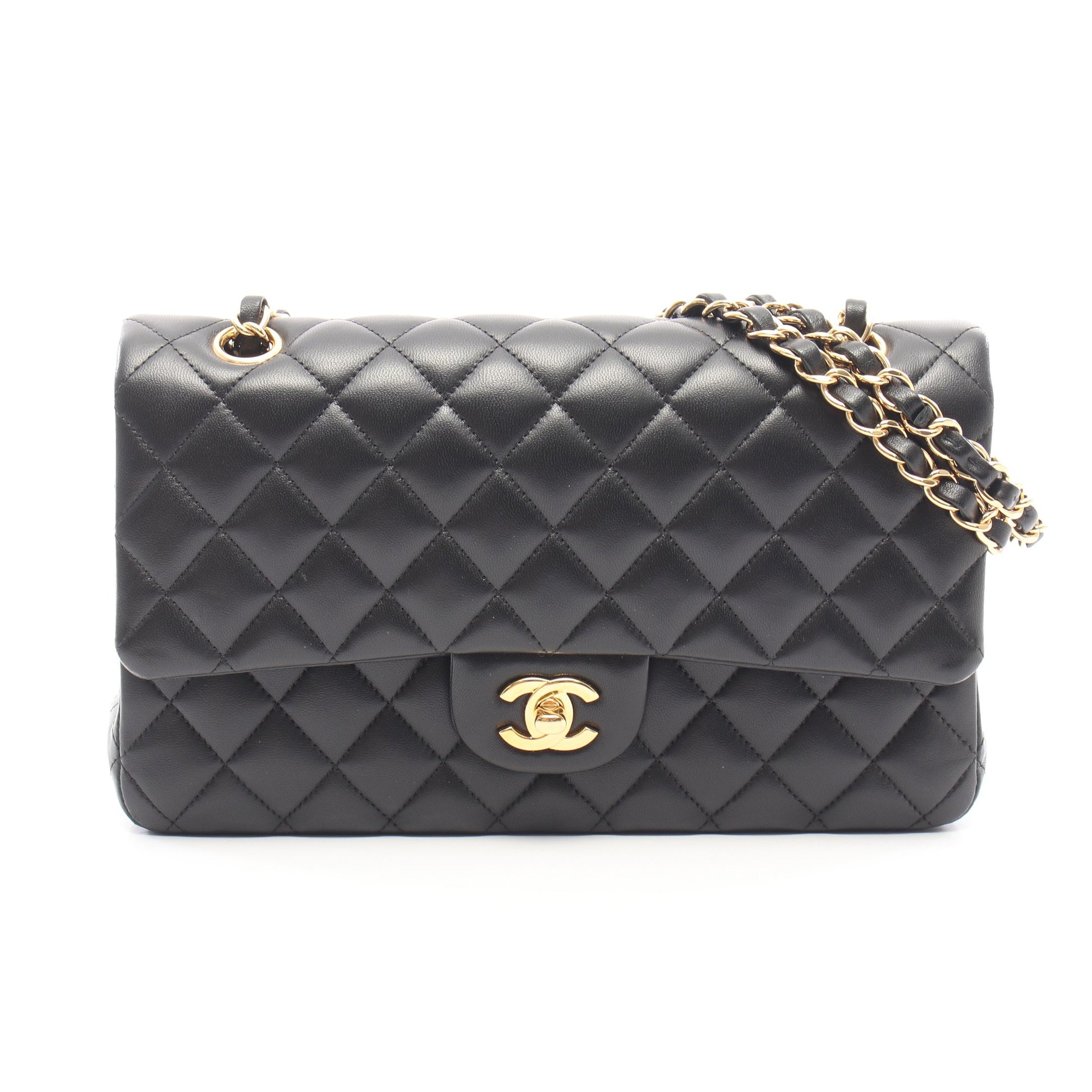 マトラッセ Wフラップ Wチェーンショルダーバッグ ラムスキン ブラック ゴールド金具 シャネル バッグ CHANEL