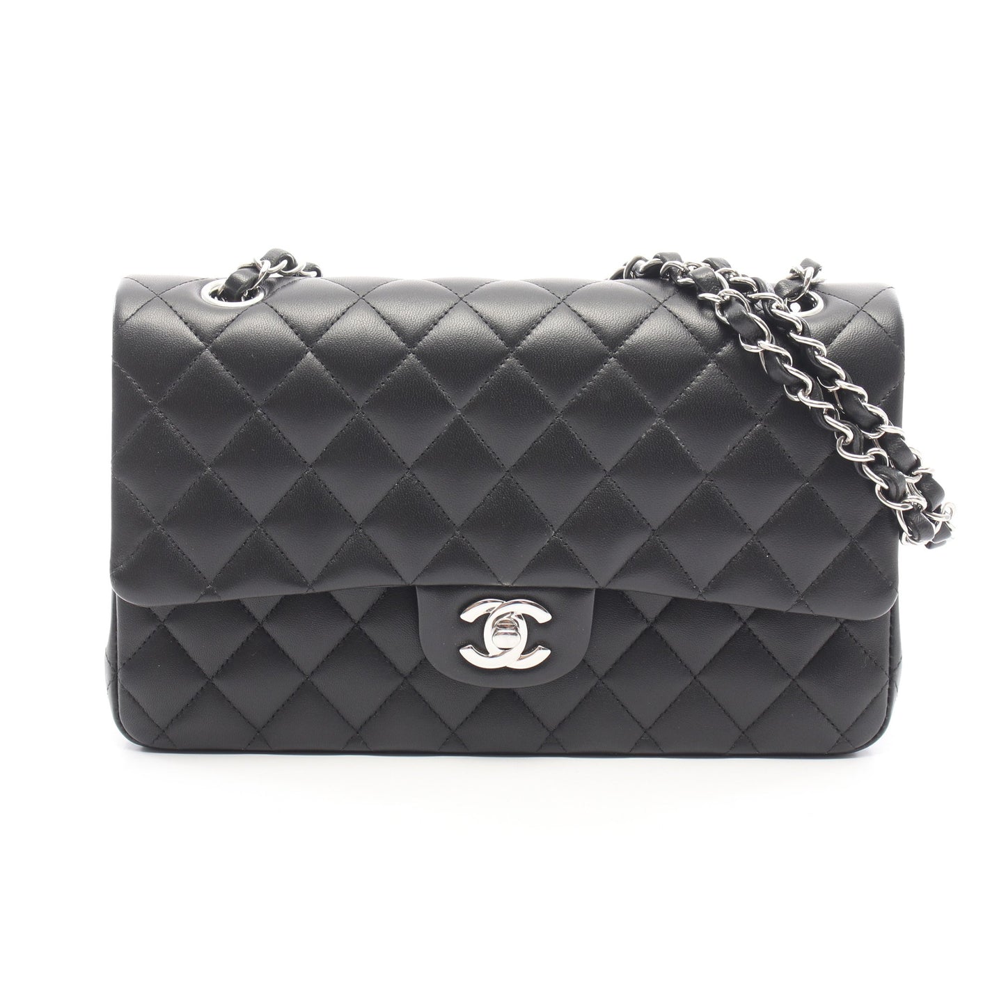 マトラッセ Wフラップ Wチェーンショルダーバッグ ラムスキン ブラック シルバー金具 シャネル バッグ CHANEL