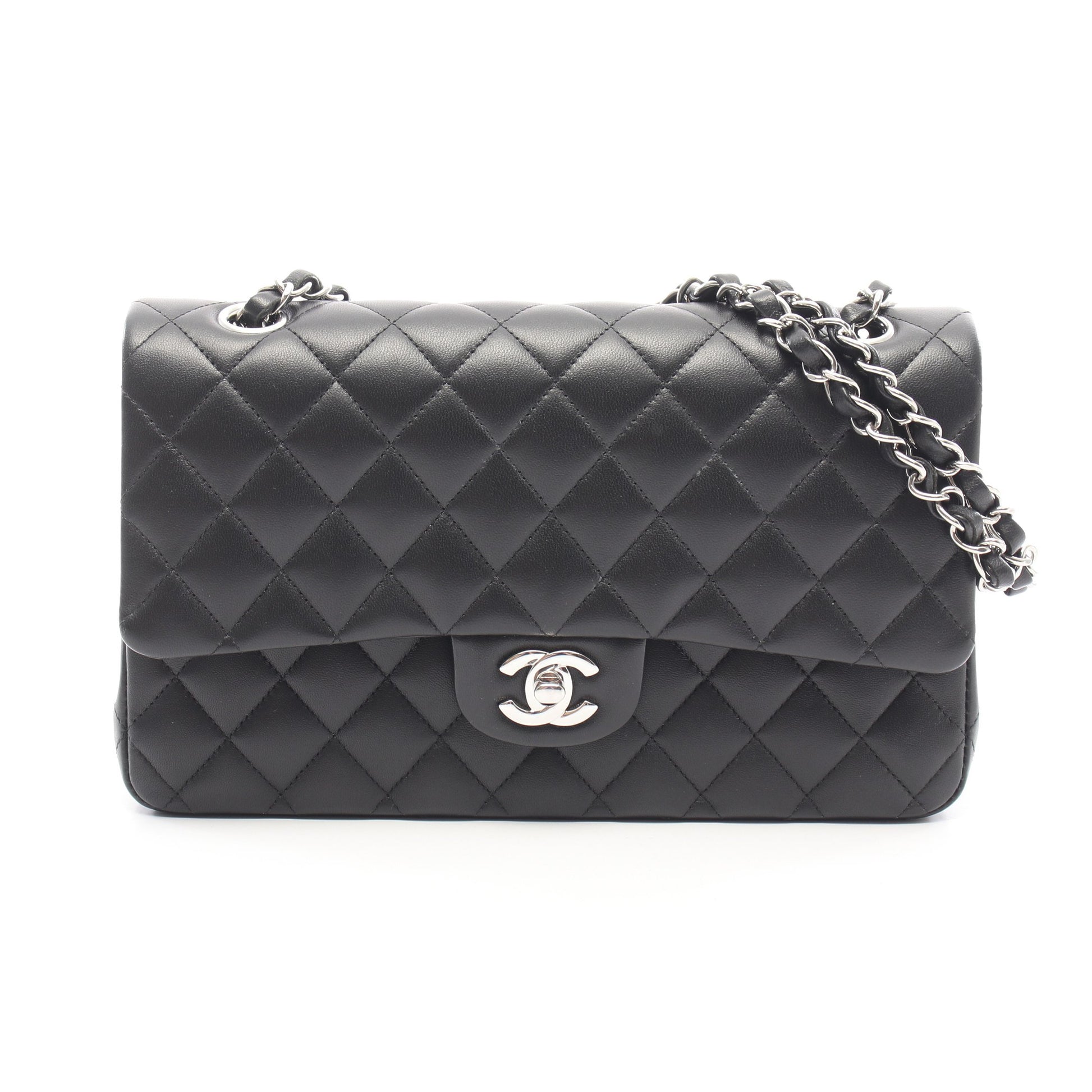 マトラッセ Wフラップ Wチェーンショルダーバッグ ラムスキン ブラック シルバー金具 シャネル バッグ CHANEL