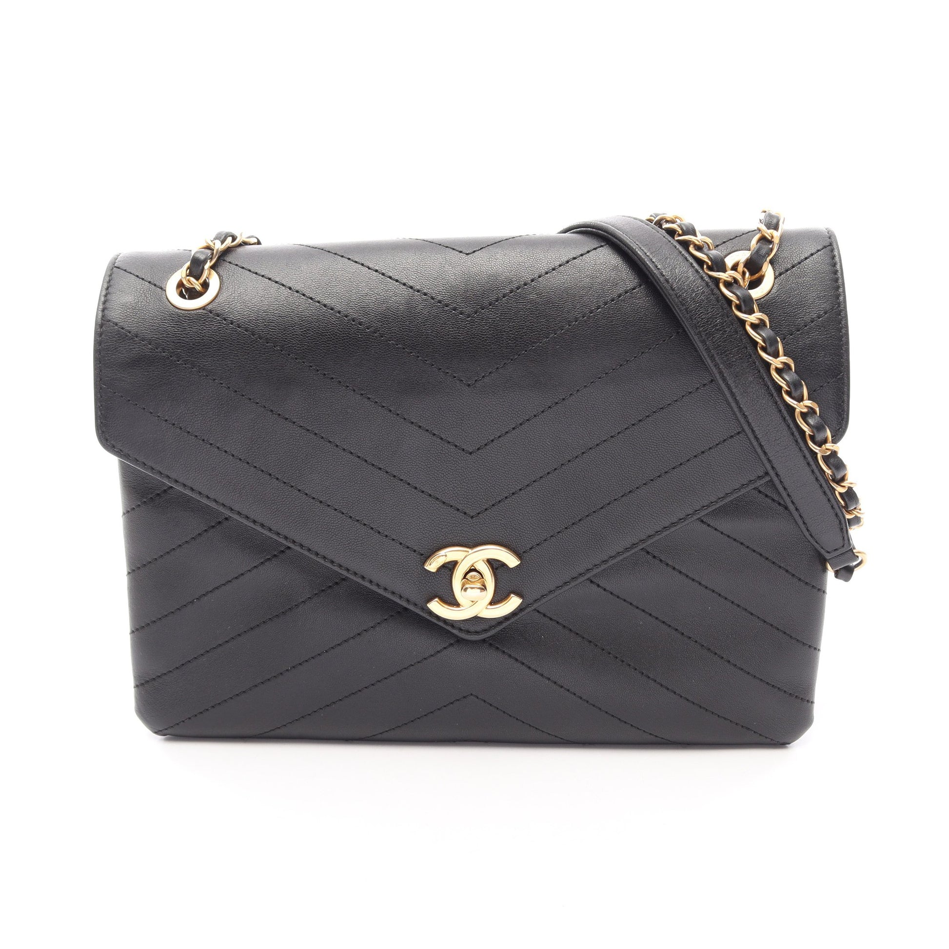 Vステッチ チェーンショルダーバッグ レザー ブラック ゴールド金具 シャネル バッグ CHANEL