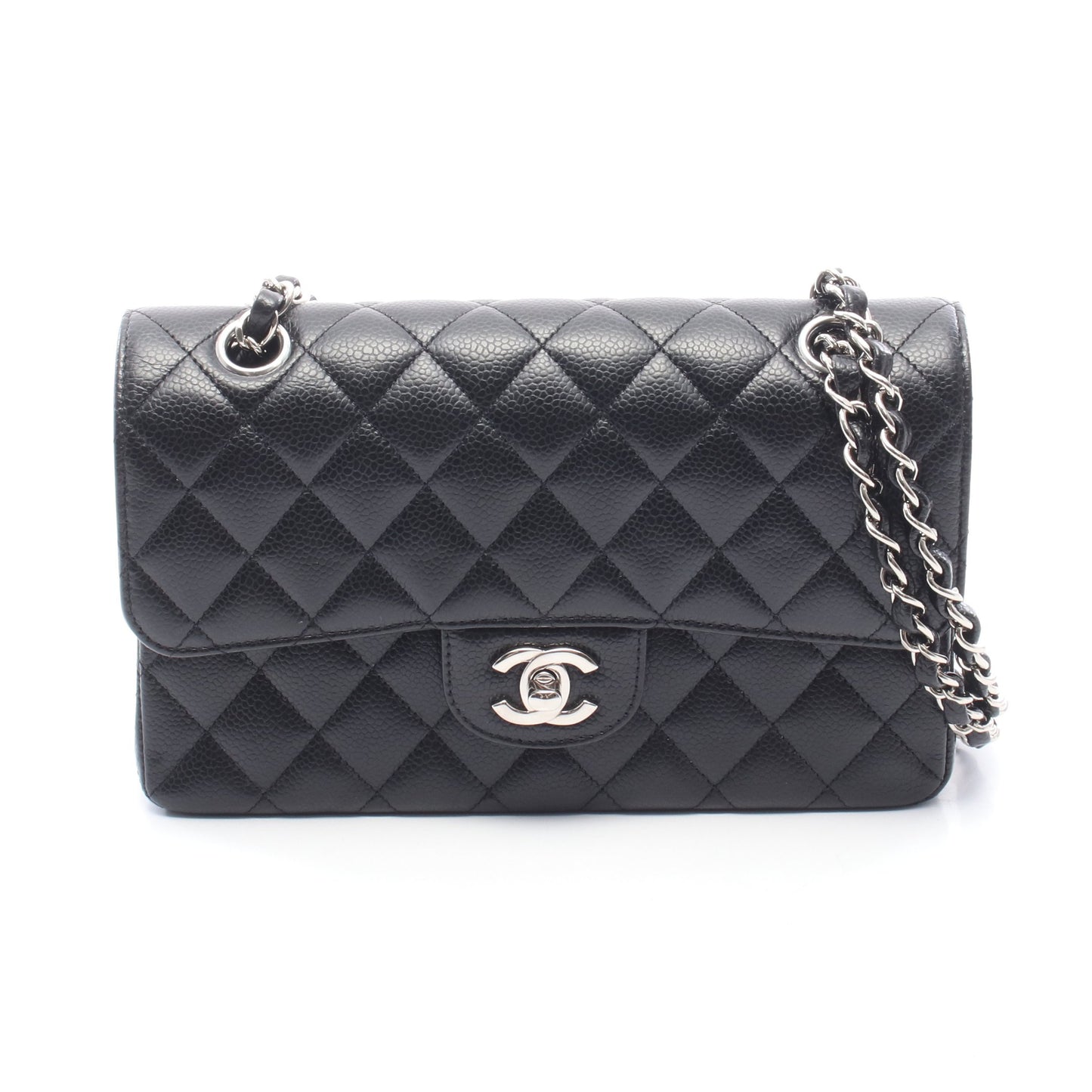 マトラッセ Wフラップ Wチェーンショルダーバッグ キャビアスキン ブラック シルバー金具 シャネル バッグ CHANEL