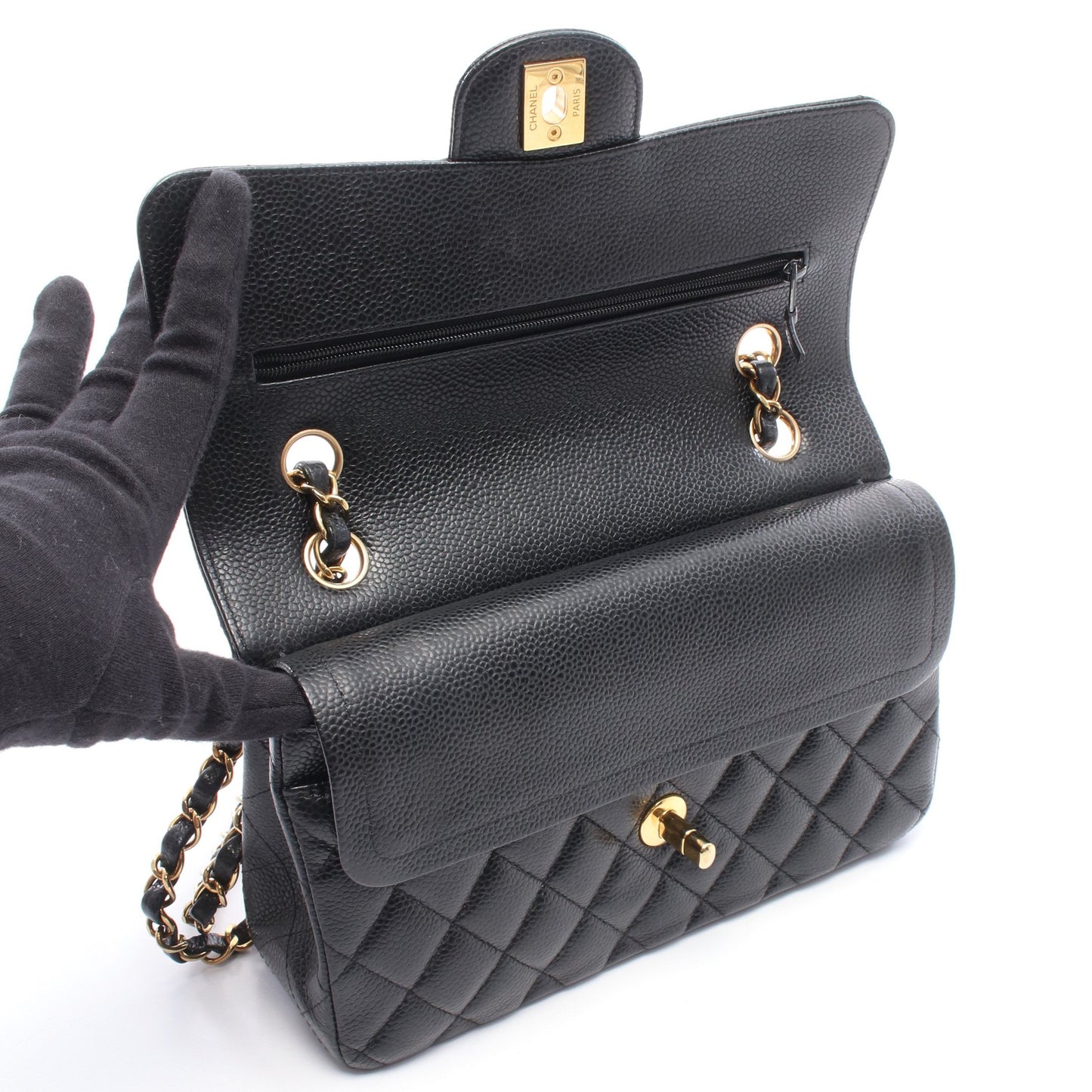 マトラッセ Wフラップ Wチェーンショルダーバッグ キャビアスキン ブラック ゴールド金具 シャネル バッグ CHANEL