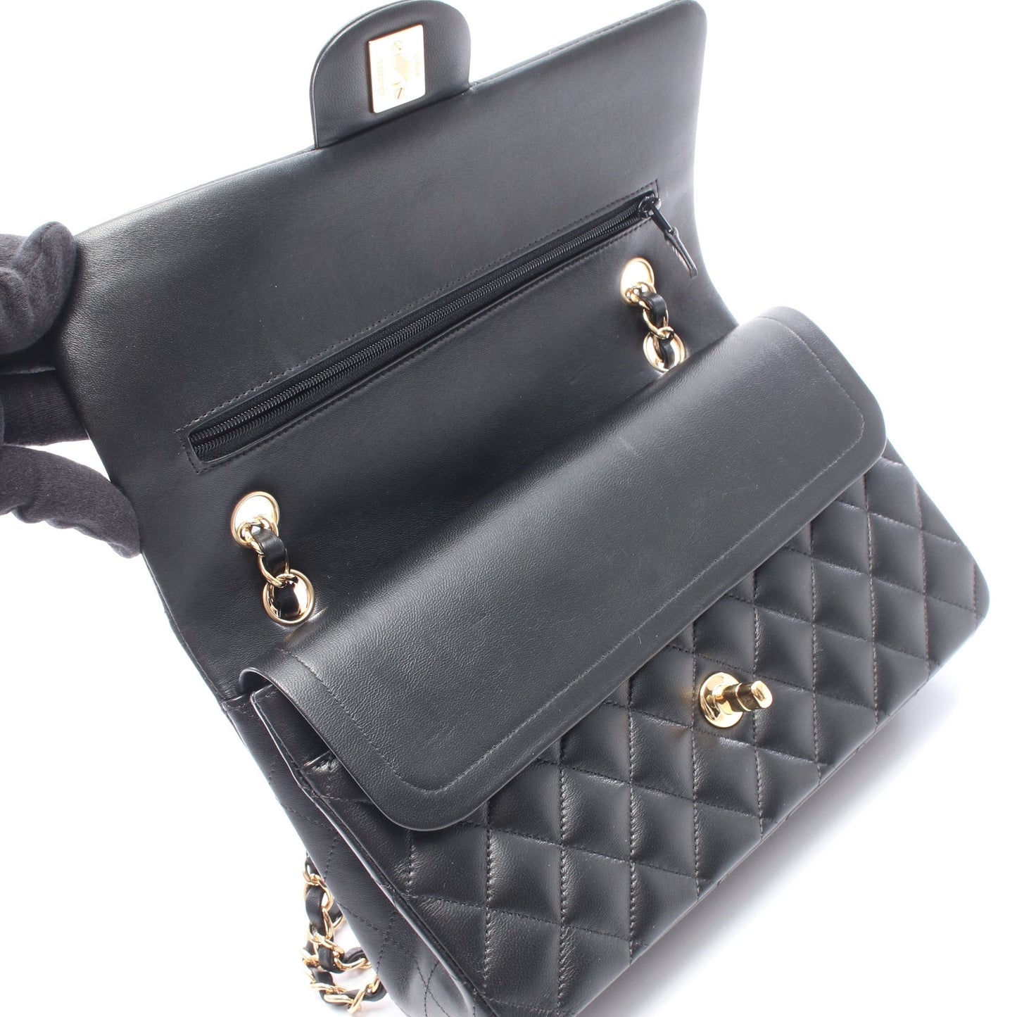マトラッセ Wフラップ Wチェーンショルダーバッグ ラムスキン ブラック ゴールド金具 シャネル バッグ CHANEL