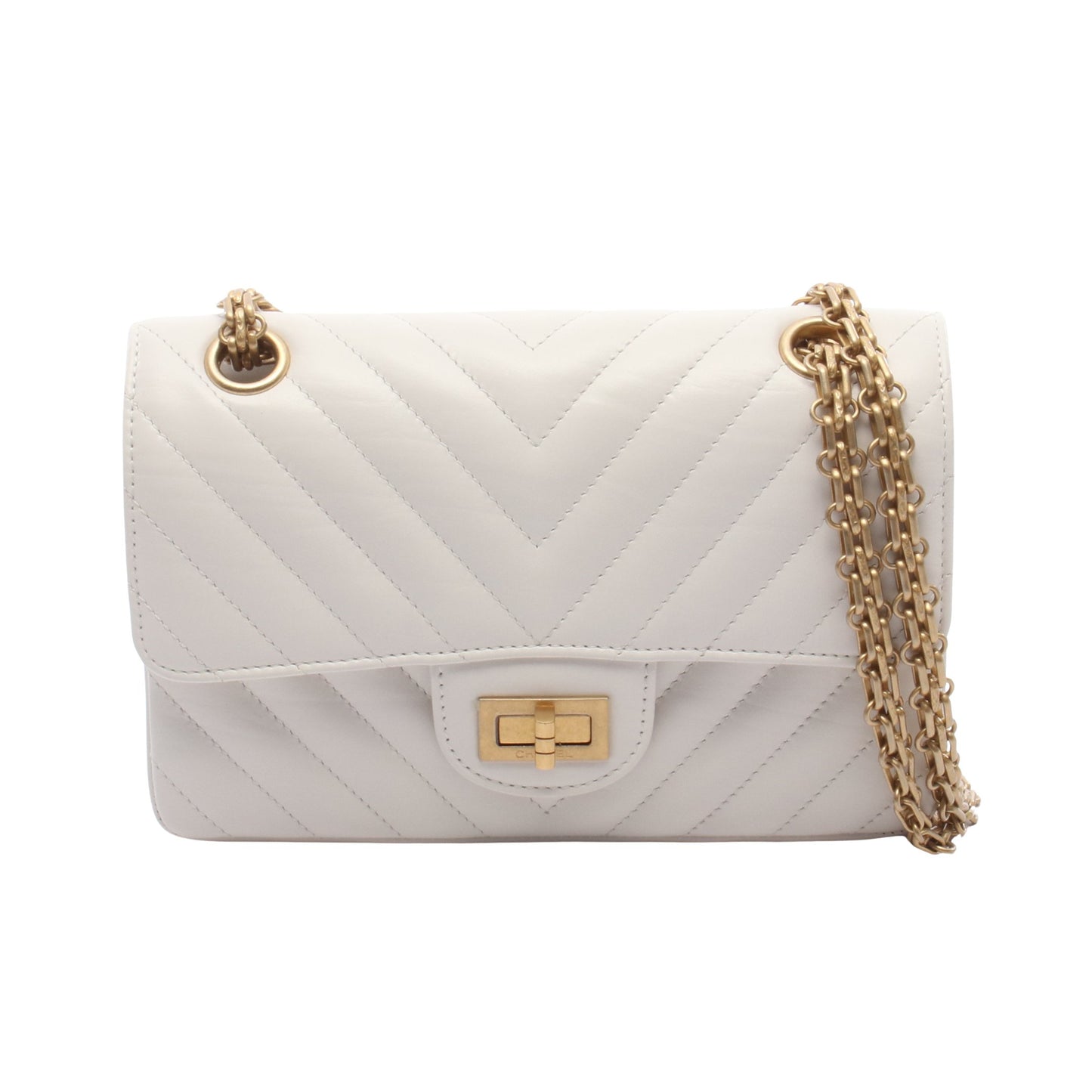 2.55 シェブロン Vステッチ Wチェーンショルダーバッグ レザー ホワイト ゴールド金具 シャネル バッグ CHANEL