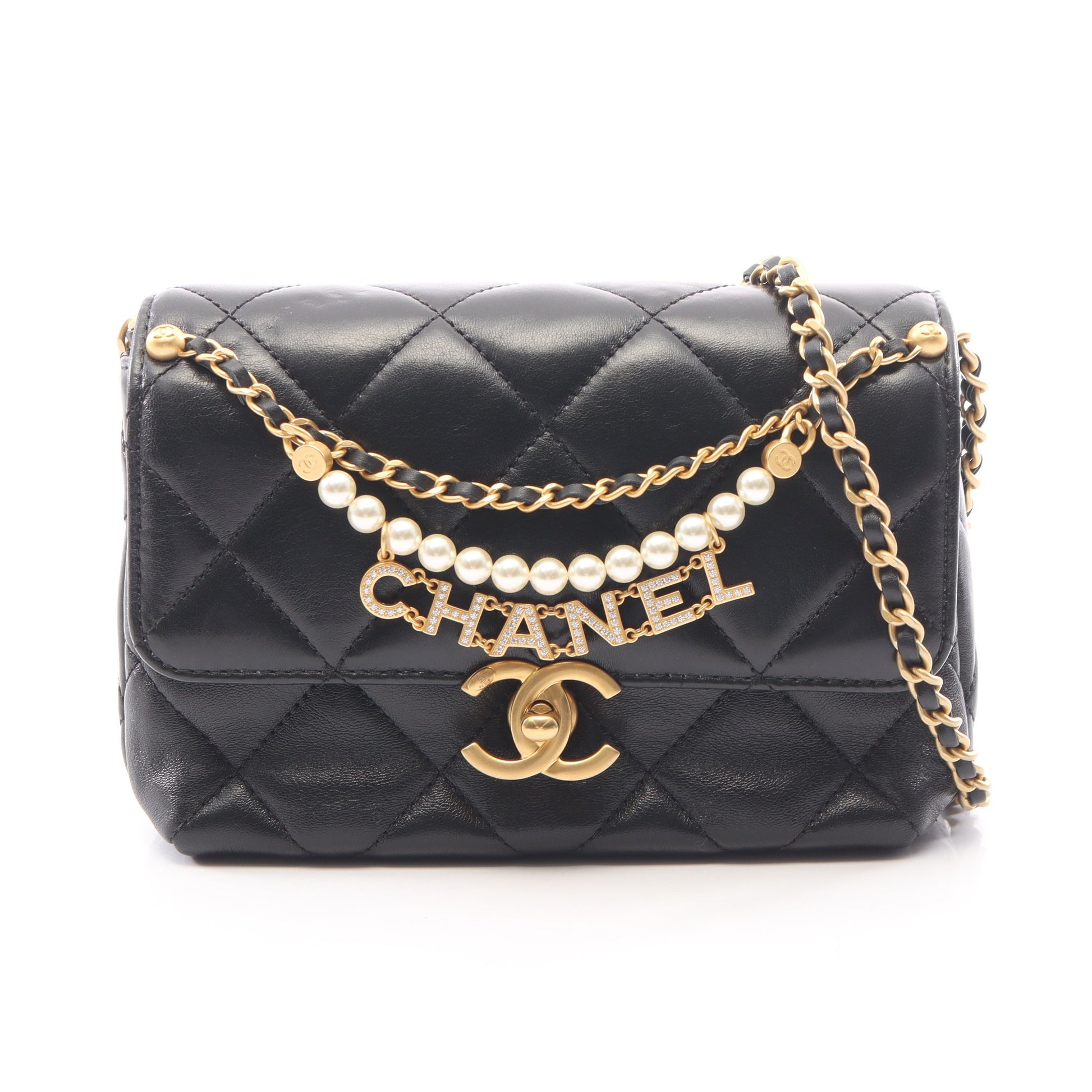 マトラッセ ミニフラップバッグ チェーンショルダーバッグ ラムスキン ブラック ゴールド金具 シャネル バッグ CHANEL