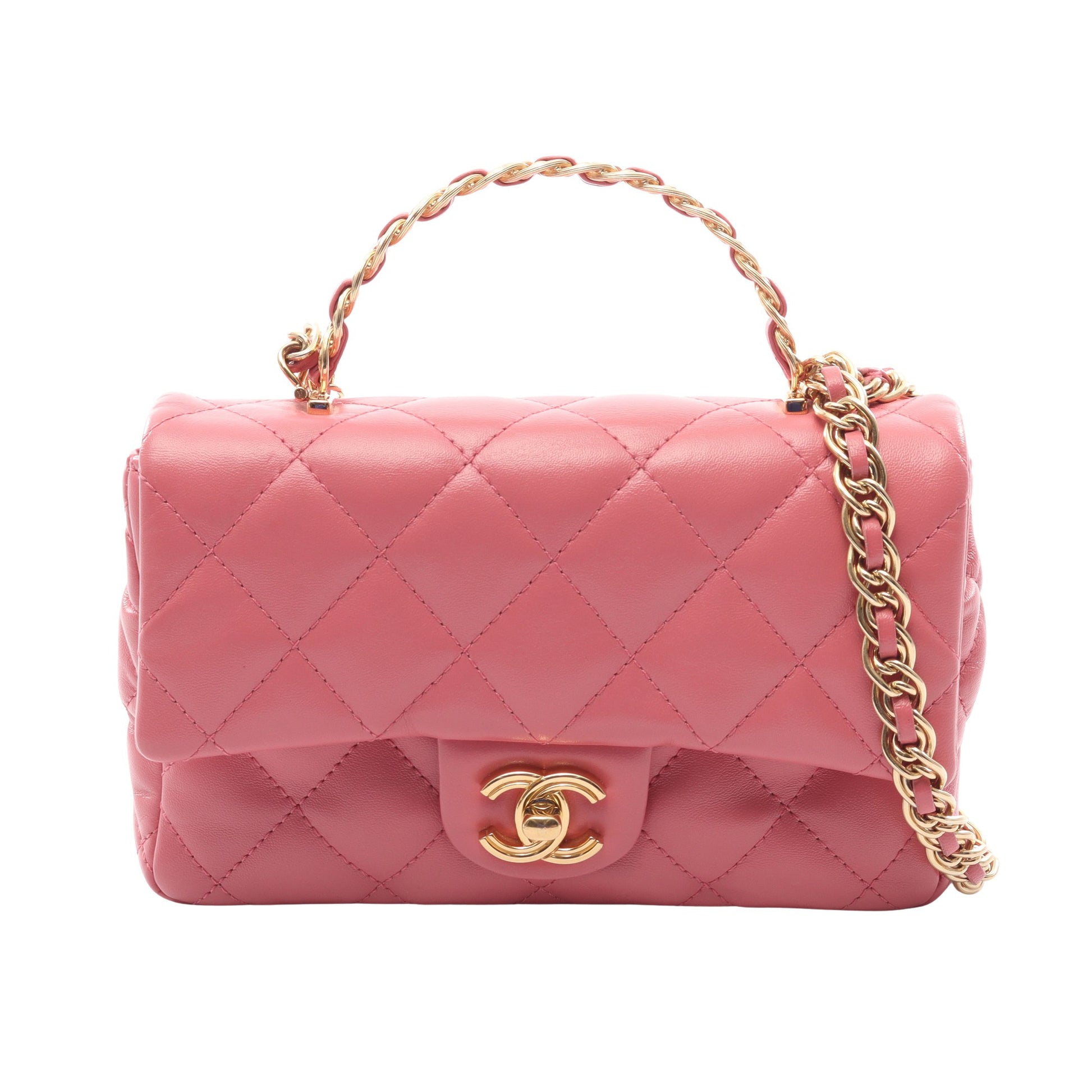 マトラッセ スモール トップハンドル 2WAY チェーンショルダーバッグ ラムスキン ピンク ゴールド金具 シャネル バッグ CHANEL