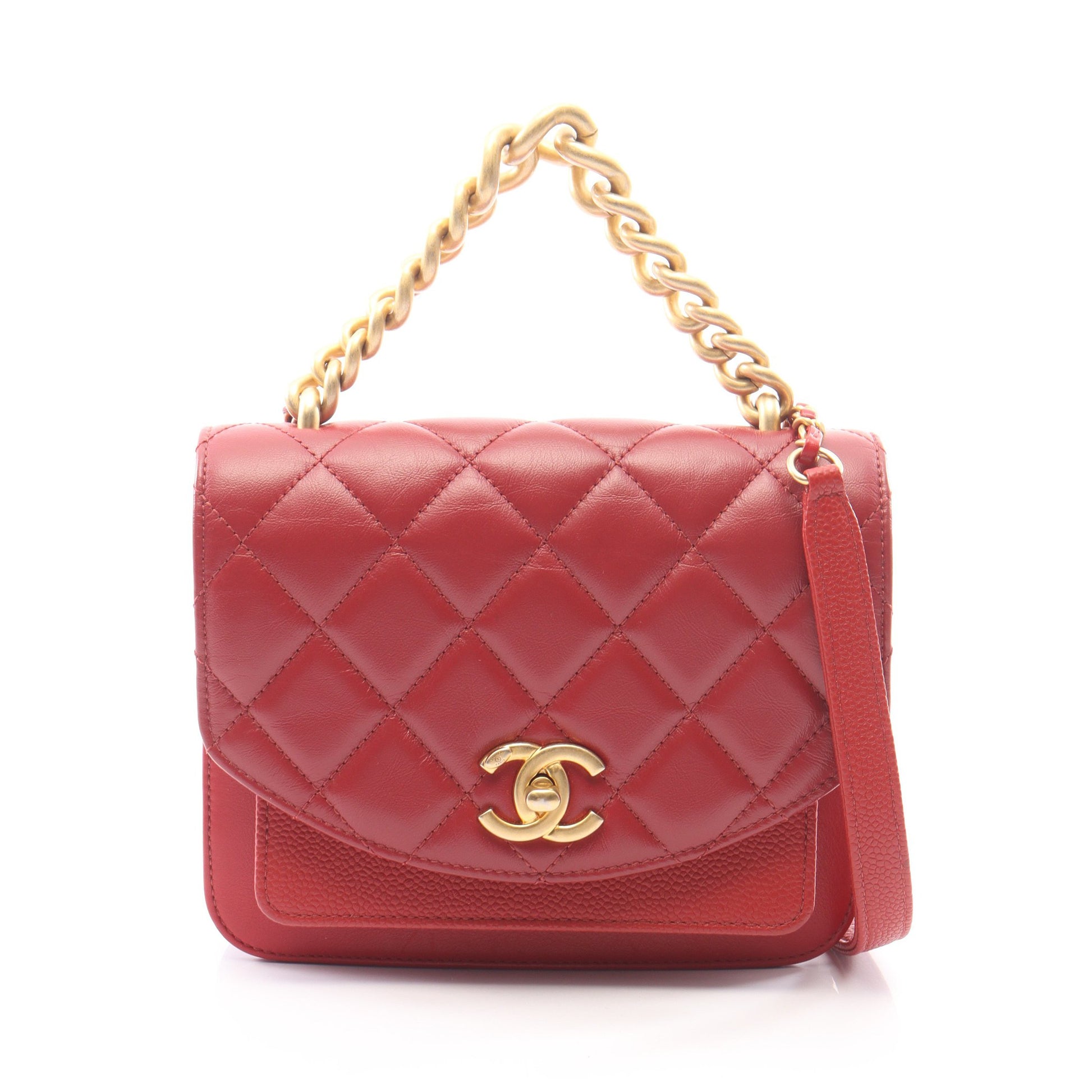 マトラッセ 2WAY チェーンショルダーバッグ レザー キャビアスキン レッド ゴールド金具 シャネル バッグ CHANEL