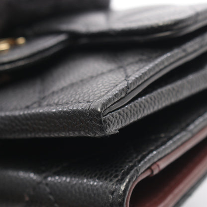 クラシック スモール フラップ ウォレット マトラッセ 三つ折り財布 キャビアスキン ブラック ゴールド金具 シャネル 財布・小物 CHANEL